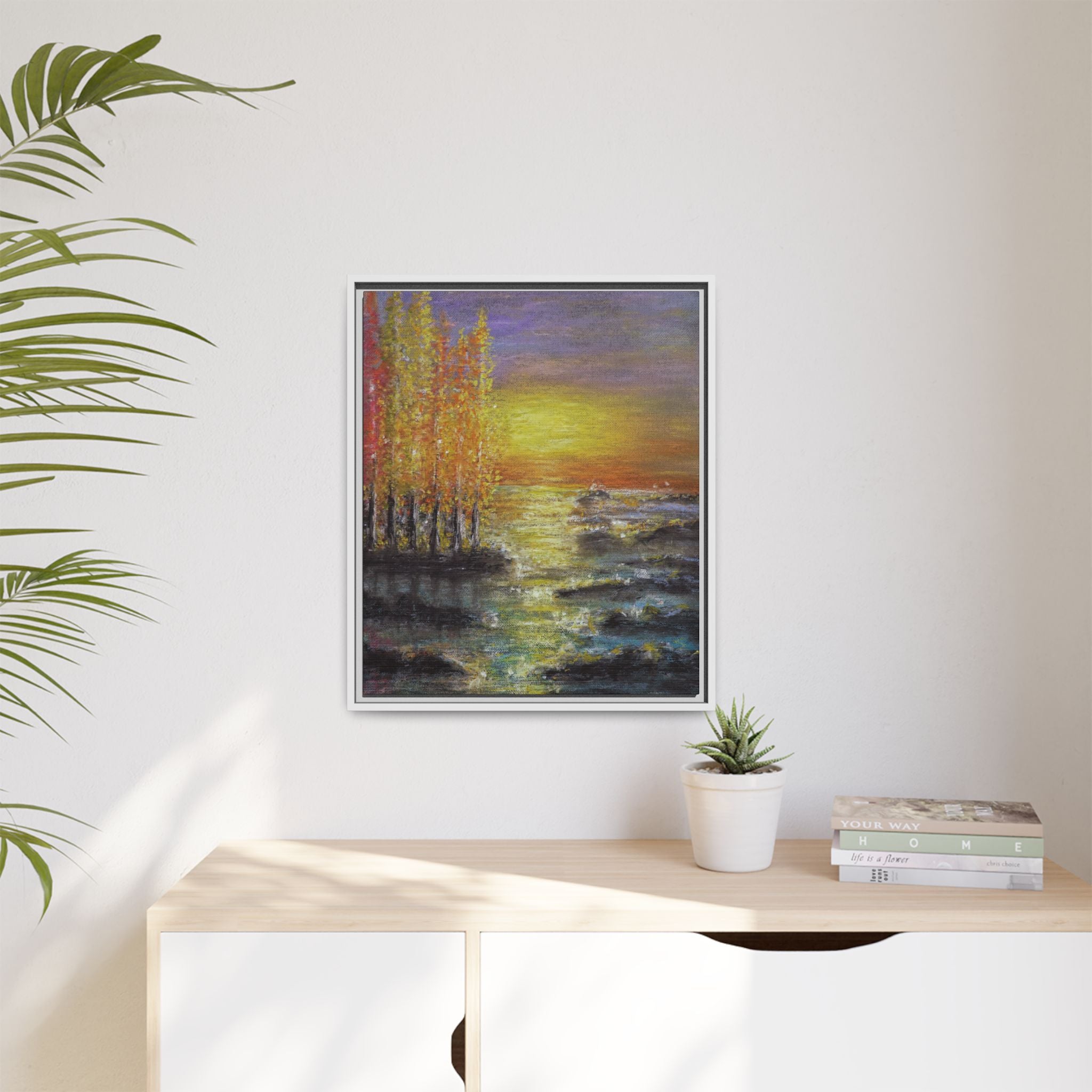 Tranquil Sunset Lake - Framed Matte Canvas Art Print