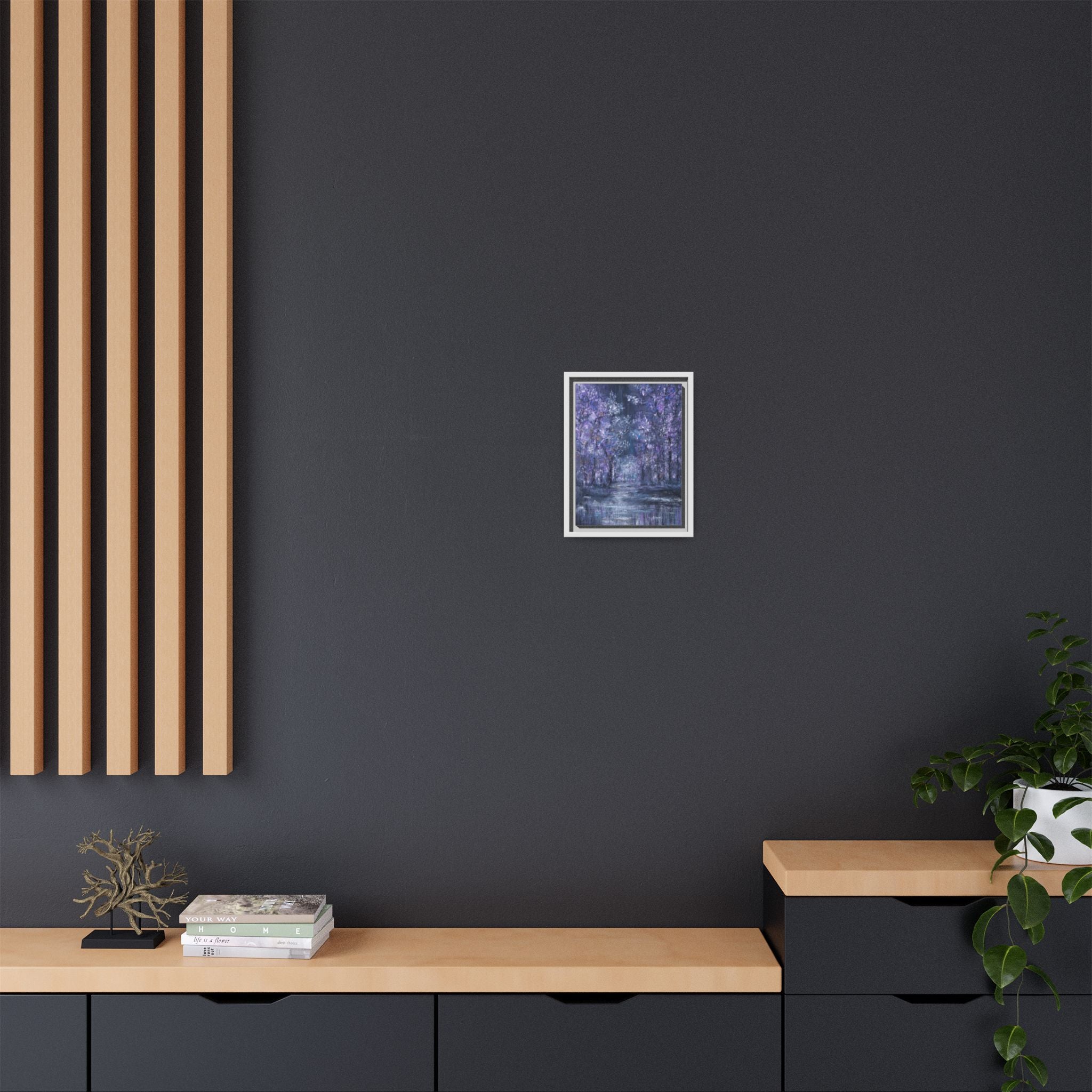 Framed Matte Canvas Art – Lavender Forest Moonlit Landscape