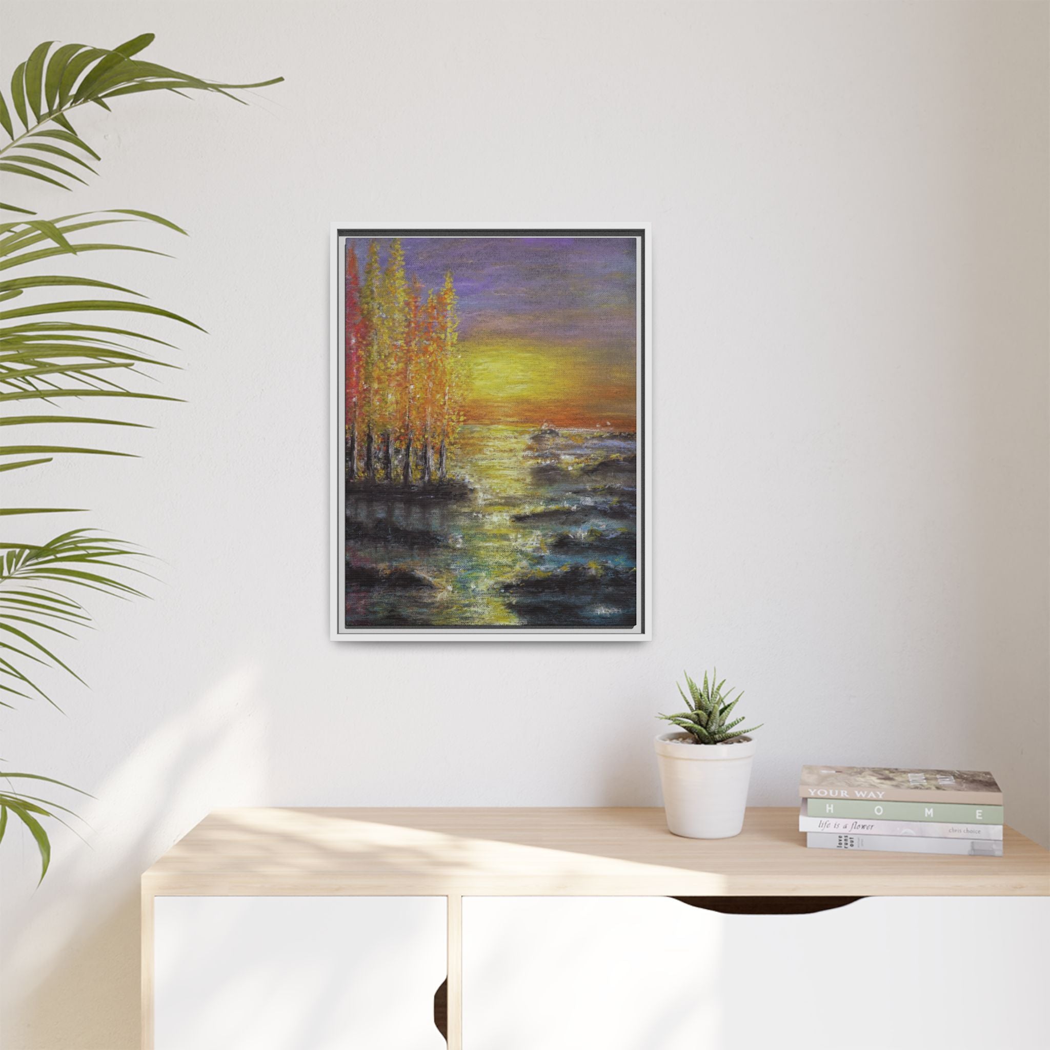 Tranquil Sunset Lake - Framed Matte Canvas Art Print