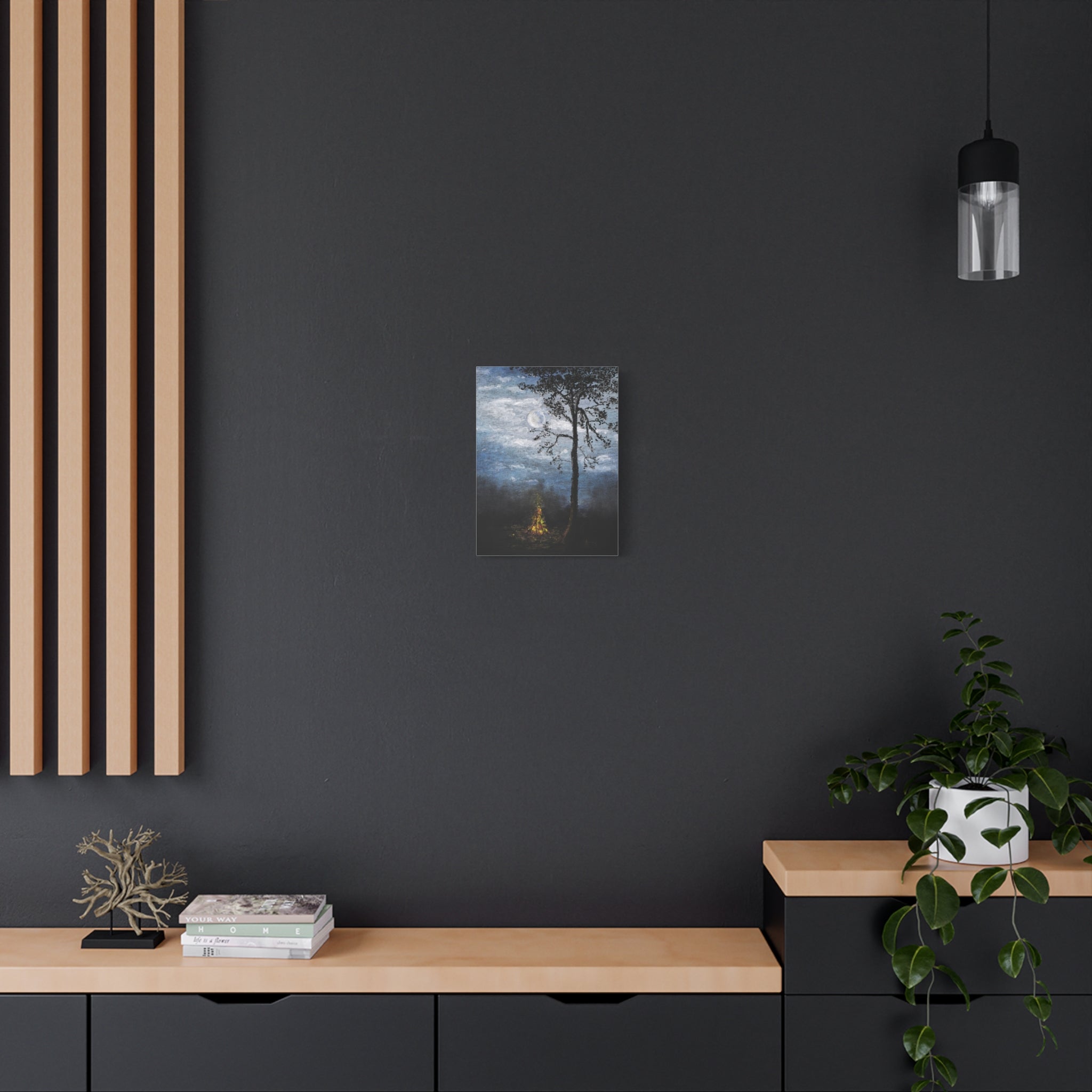 Moonlit Campfire Matte Canvas Wall Art — Night Forest Landscape