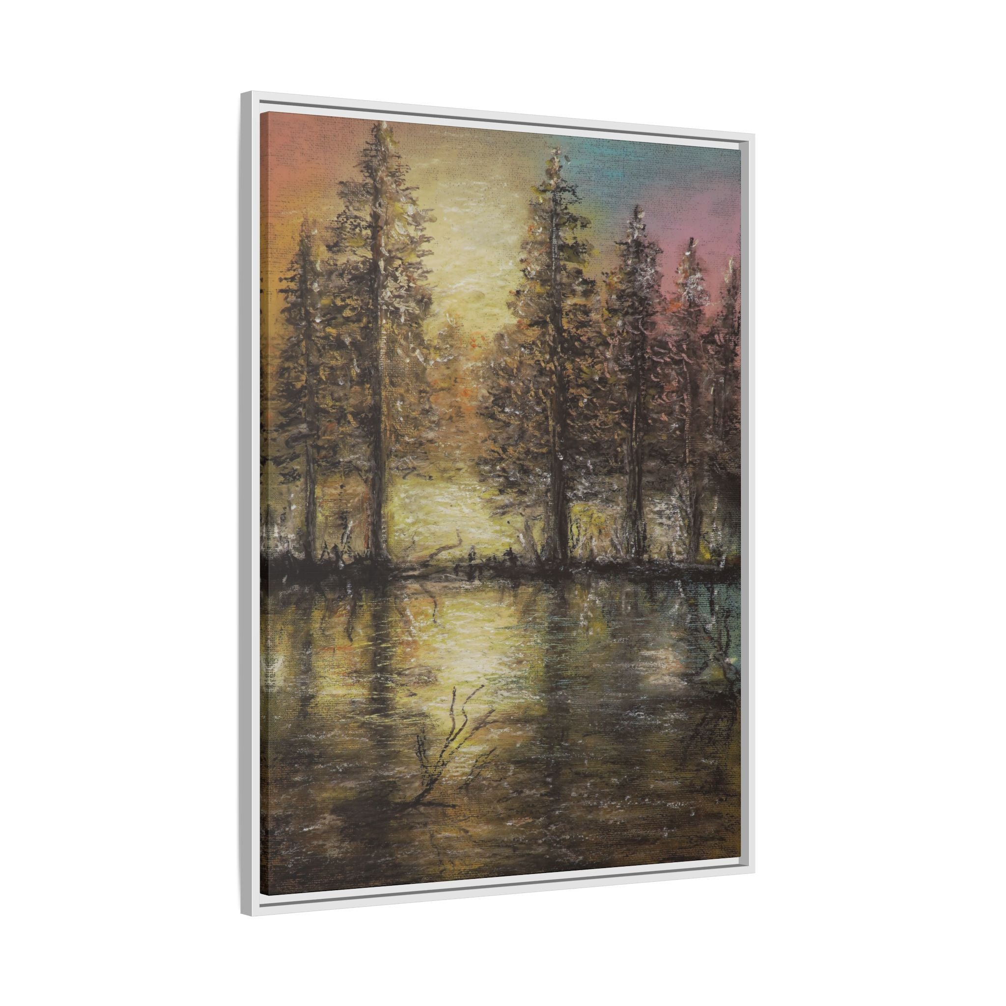 Framed Matte Canvas Wall Art — Sunset Forest Reflection