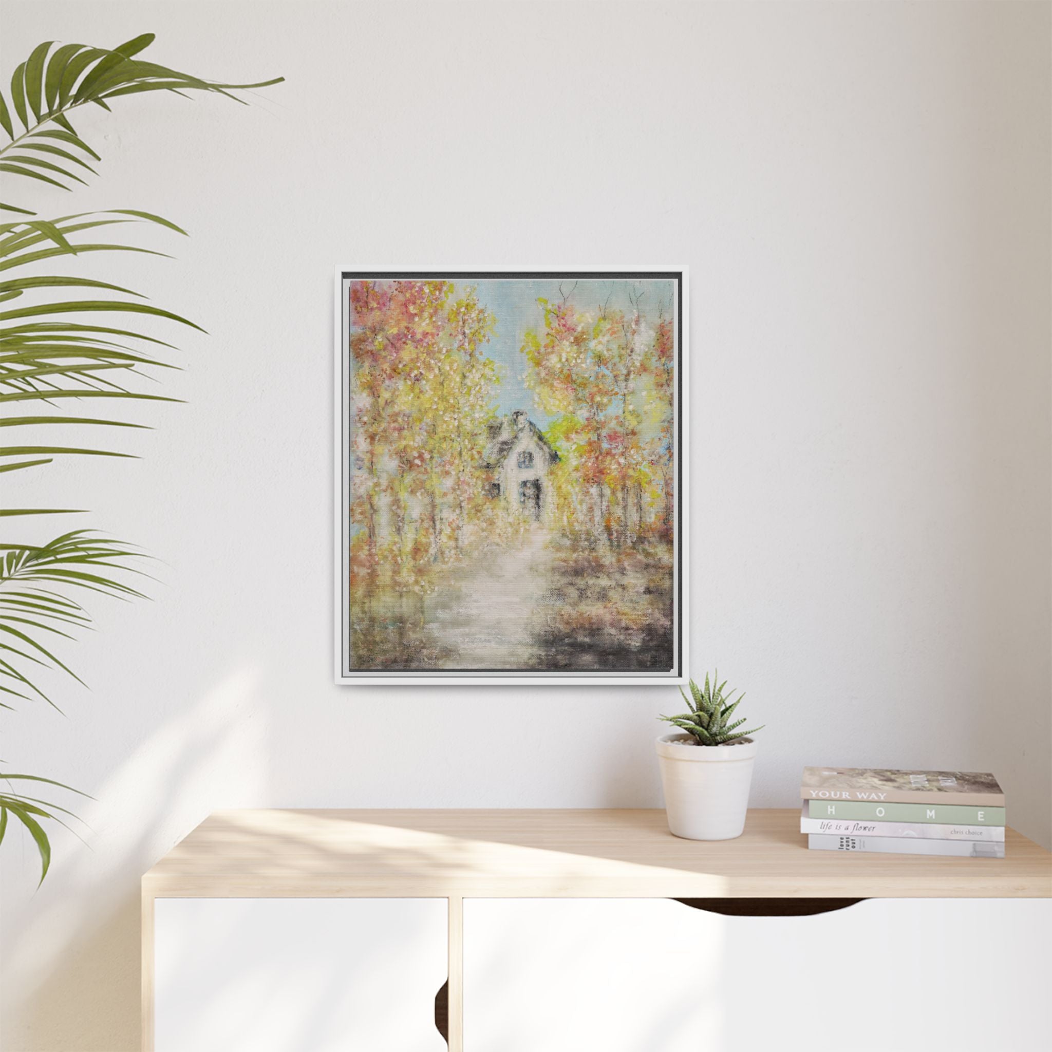 Framed Autumn Cottage Canvas Print — Rustic Fall Landscape Wall Art