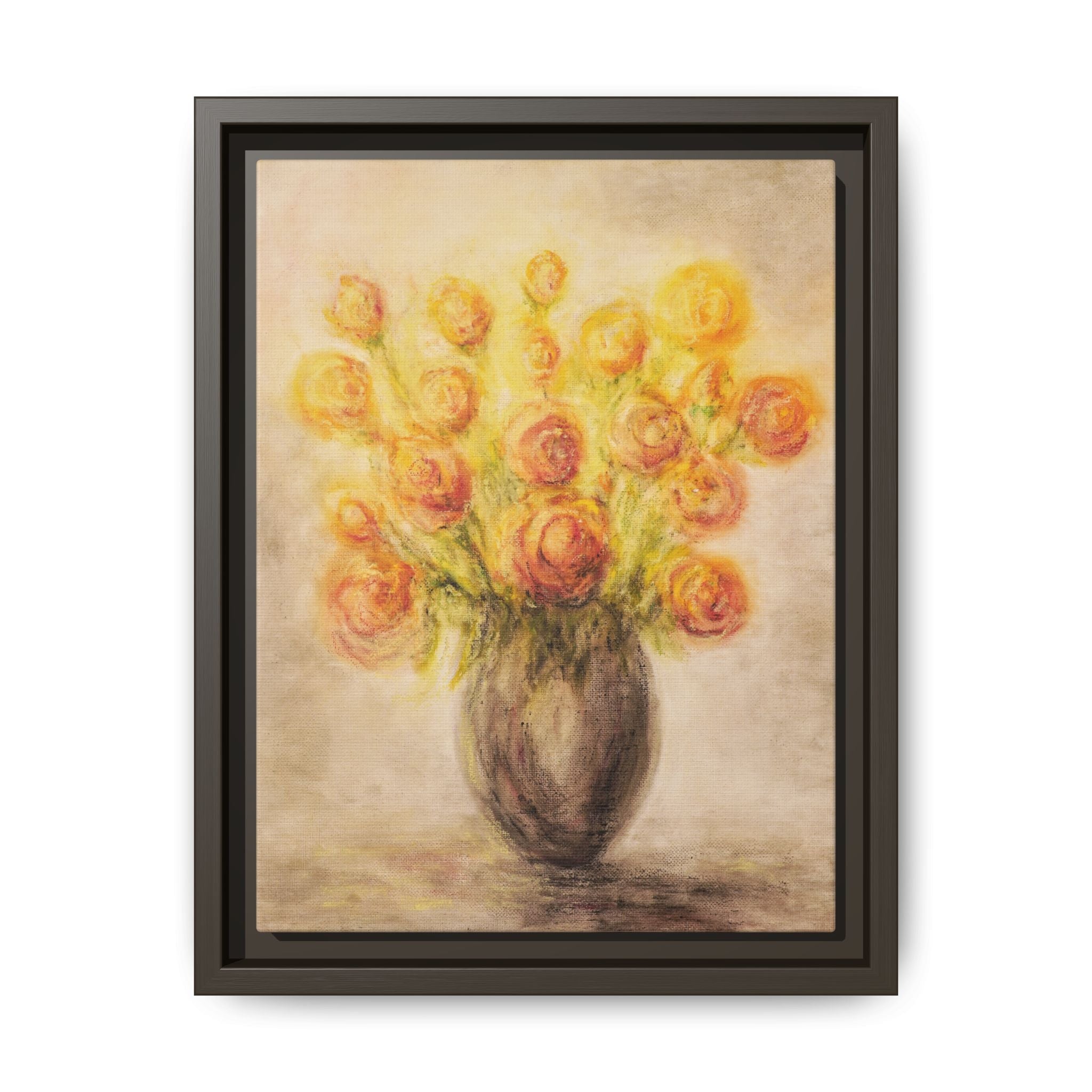 Framed Matte Canvas Floral Bouquet Wall Art — Yellow Rose Vase Print