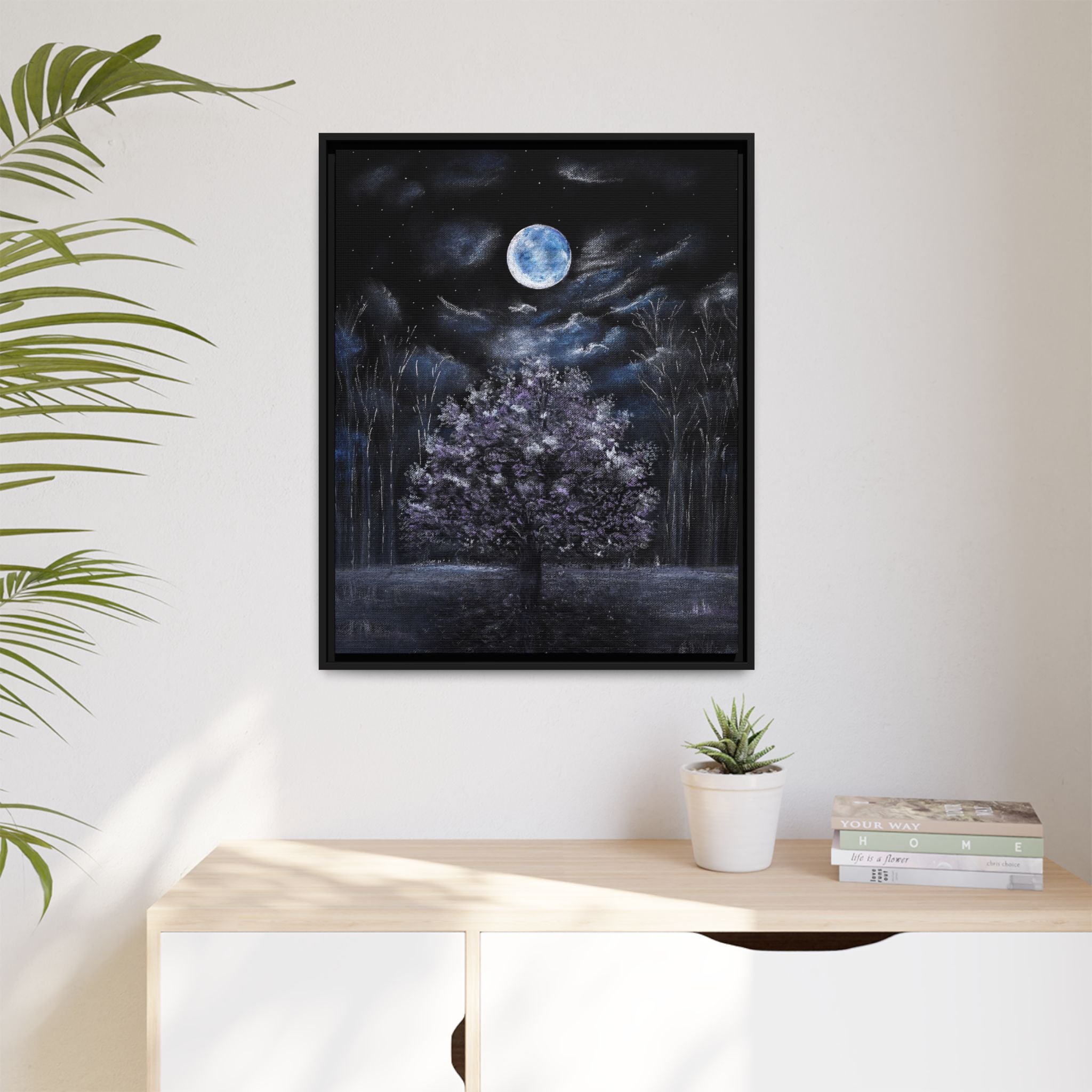 Framed Matte Canvas Art — Moonlit Tree Nightscape