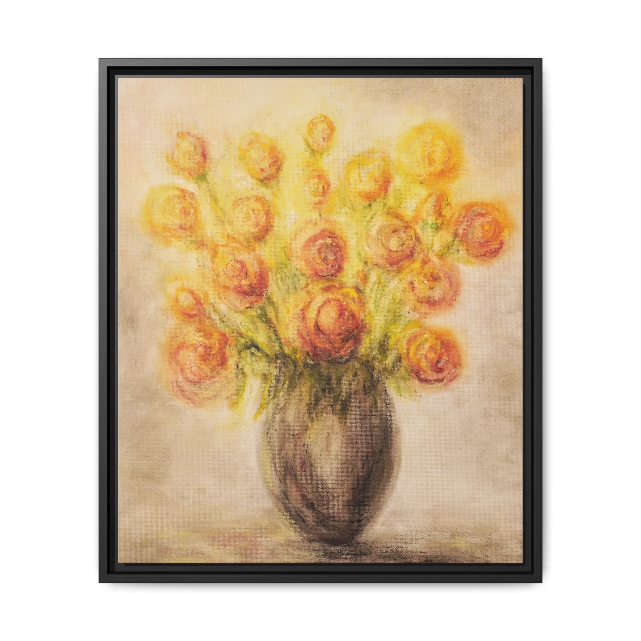 Framed Matte Canvas Floral Bouquet Wall Art — Yellow Rose Vase Print