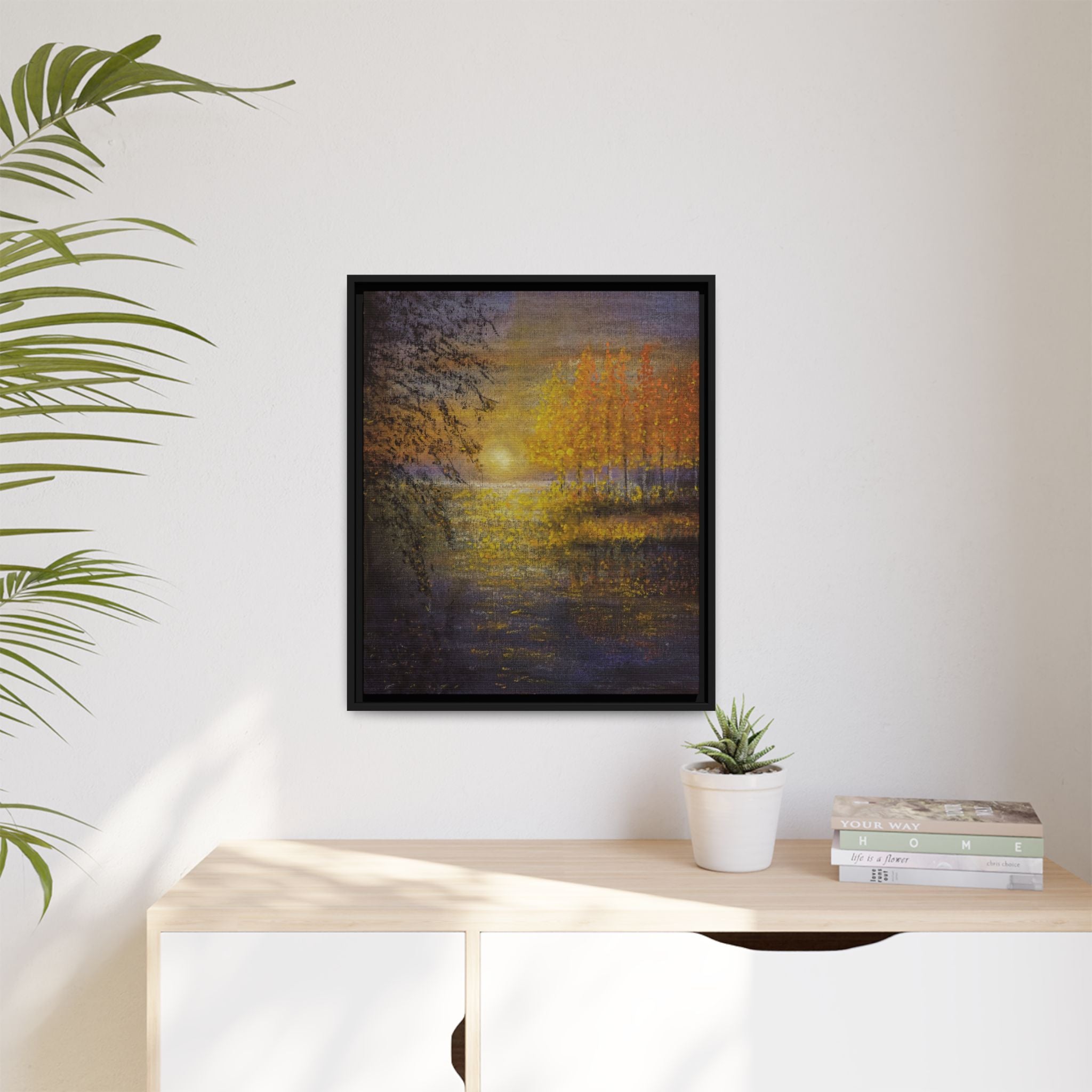 Framed Matte Canvas Painting - Golden Trees Over Tranquil Lake