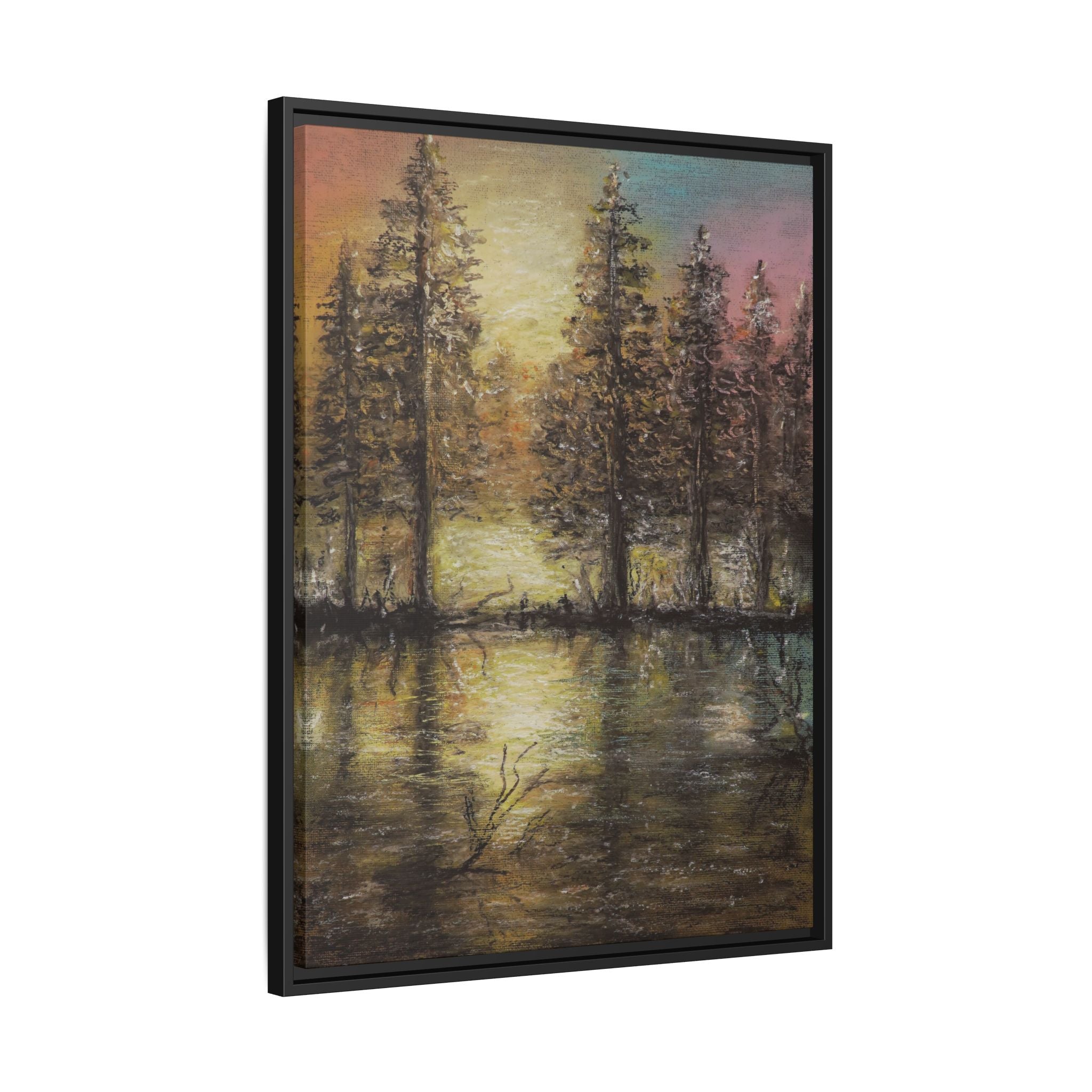Framed Matte Canvas Wall Art — Sunset Forest Reflection