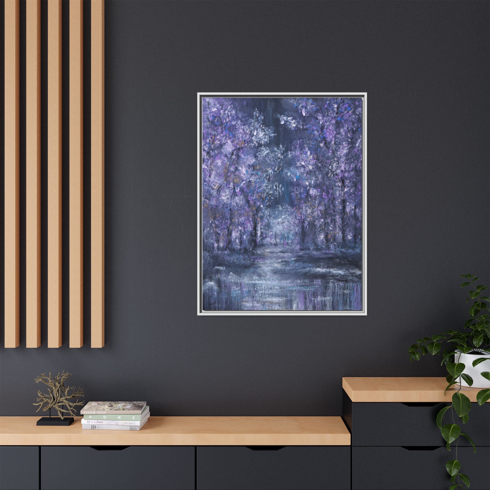 Framed Matte Canvas Art – Lavender Forest Moonlit Landscape