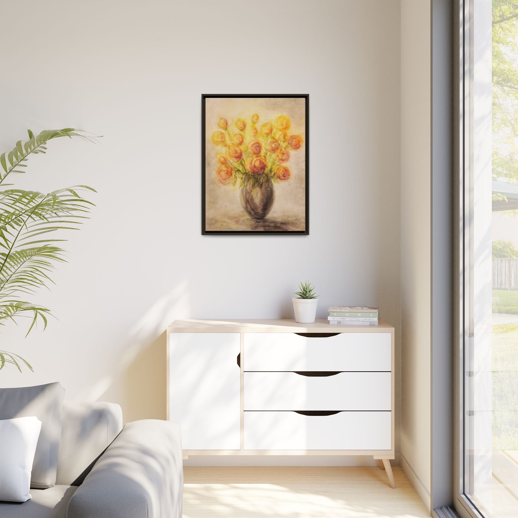 Framed Matte Canvas Floral Bouquet Wall Art — Yellow Rose Vase Print