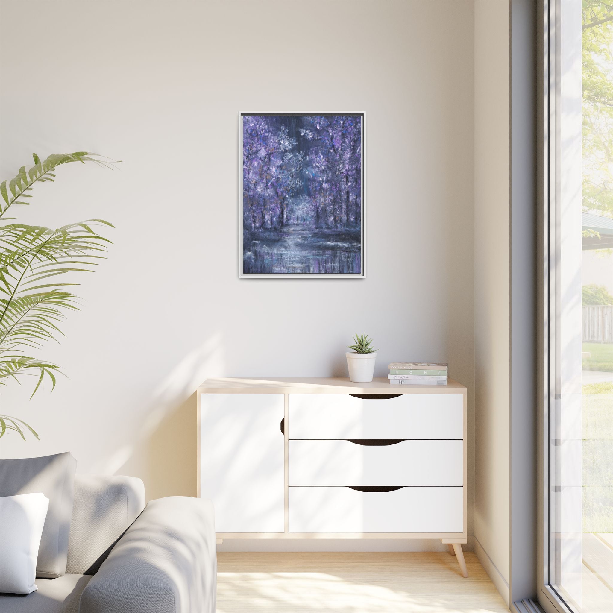 Framed Matte Canvas Art – Lavender Forest Moonlit Landscape