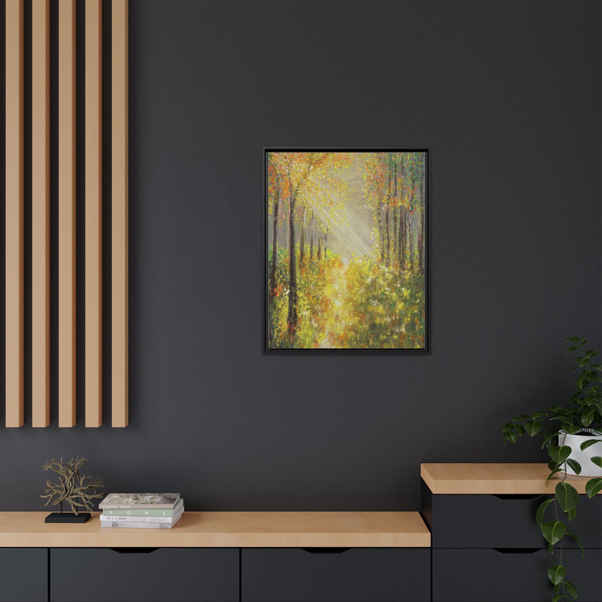 Sunlit Forest Path Framed Canvas Art — Autumn Woodland Wall Decor