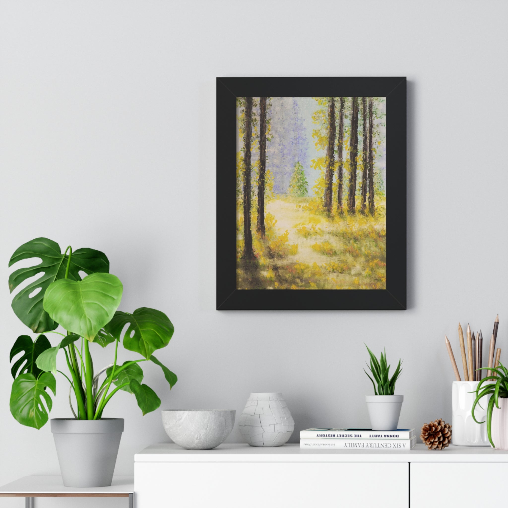 Framed Poster — Serene Sunlit Forest Painting