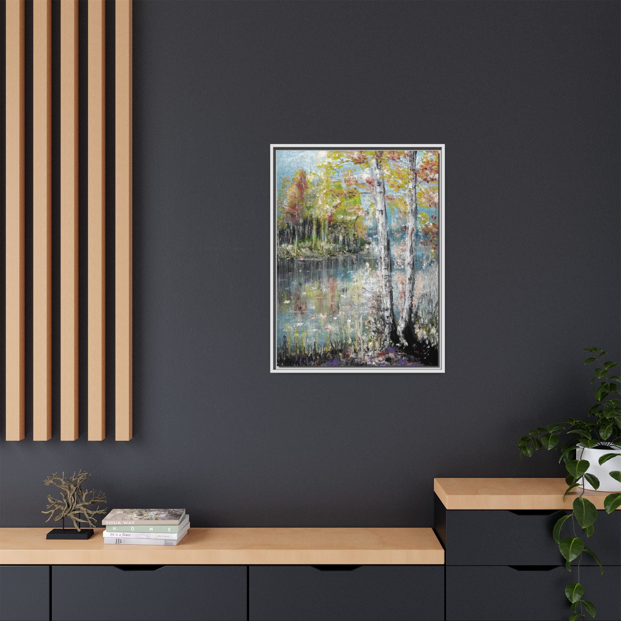 Framed Matte Canvas-Trees by the Lake