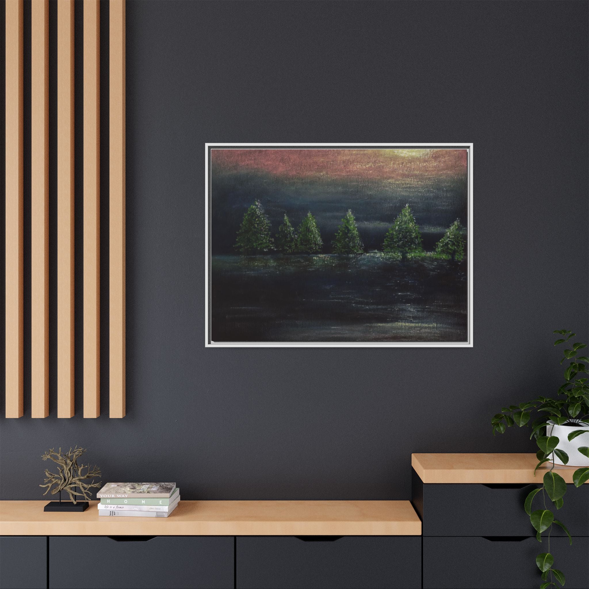 Framed Matte Canvas Wall Art — Moonlit Pine Trees Landscape