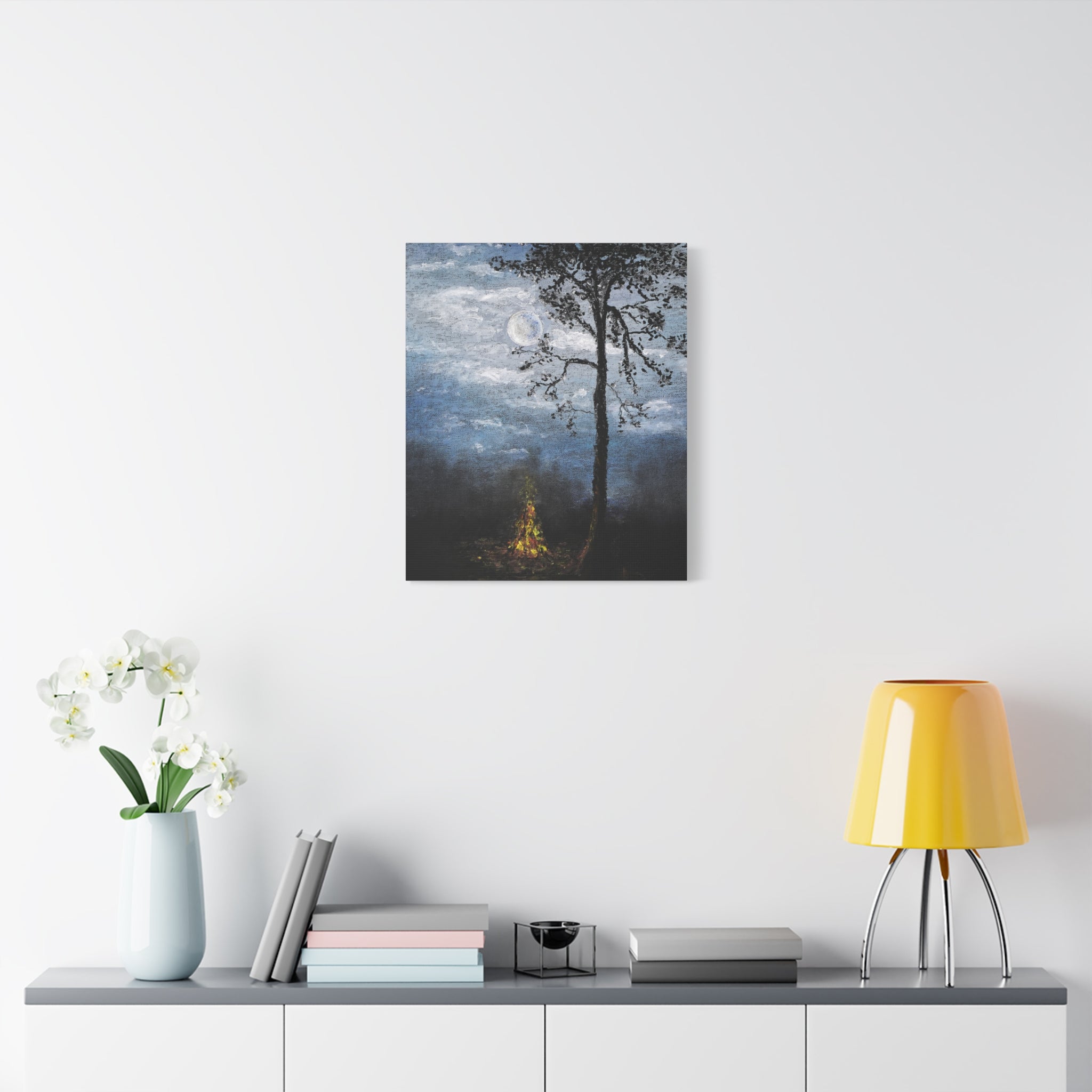 Moonlit Campfire Matte Canvas Wall Art — Night Forest Landscape