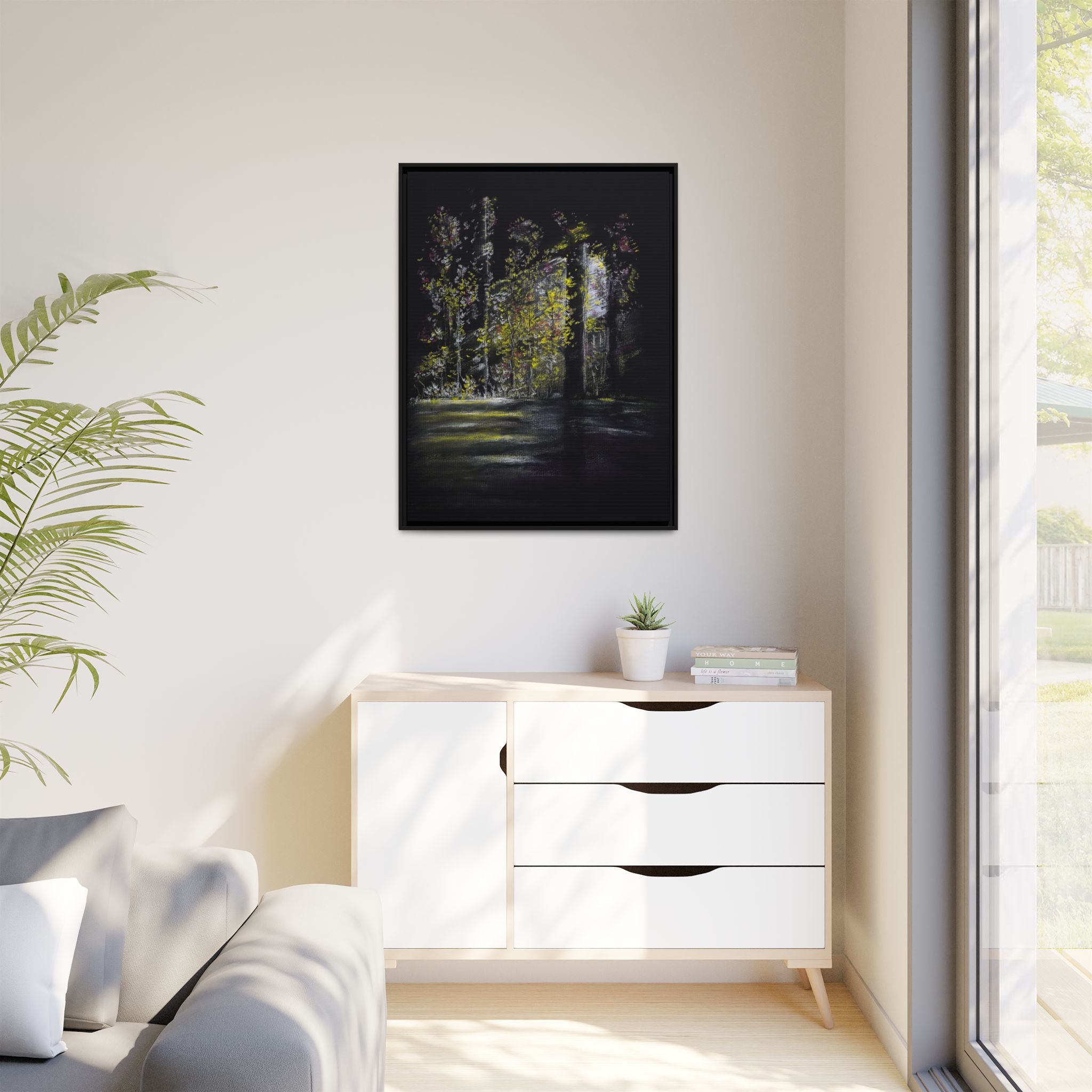 Framed Matte Canvas Forest Nightscape – Moody Woodland Wall Art