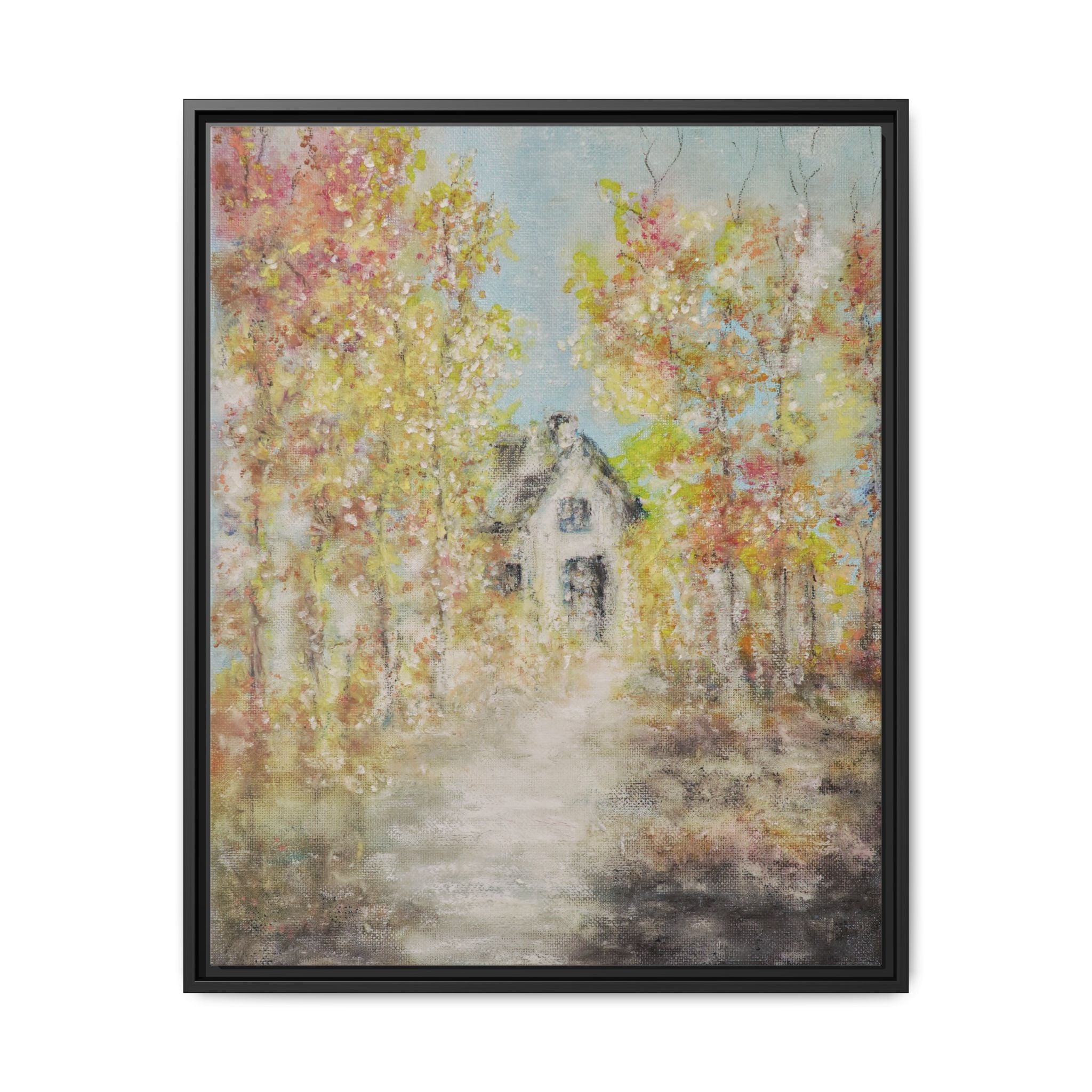 Framed Autumn Cottage Canvas Print — Rustic Fall Landscape Wall Art