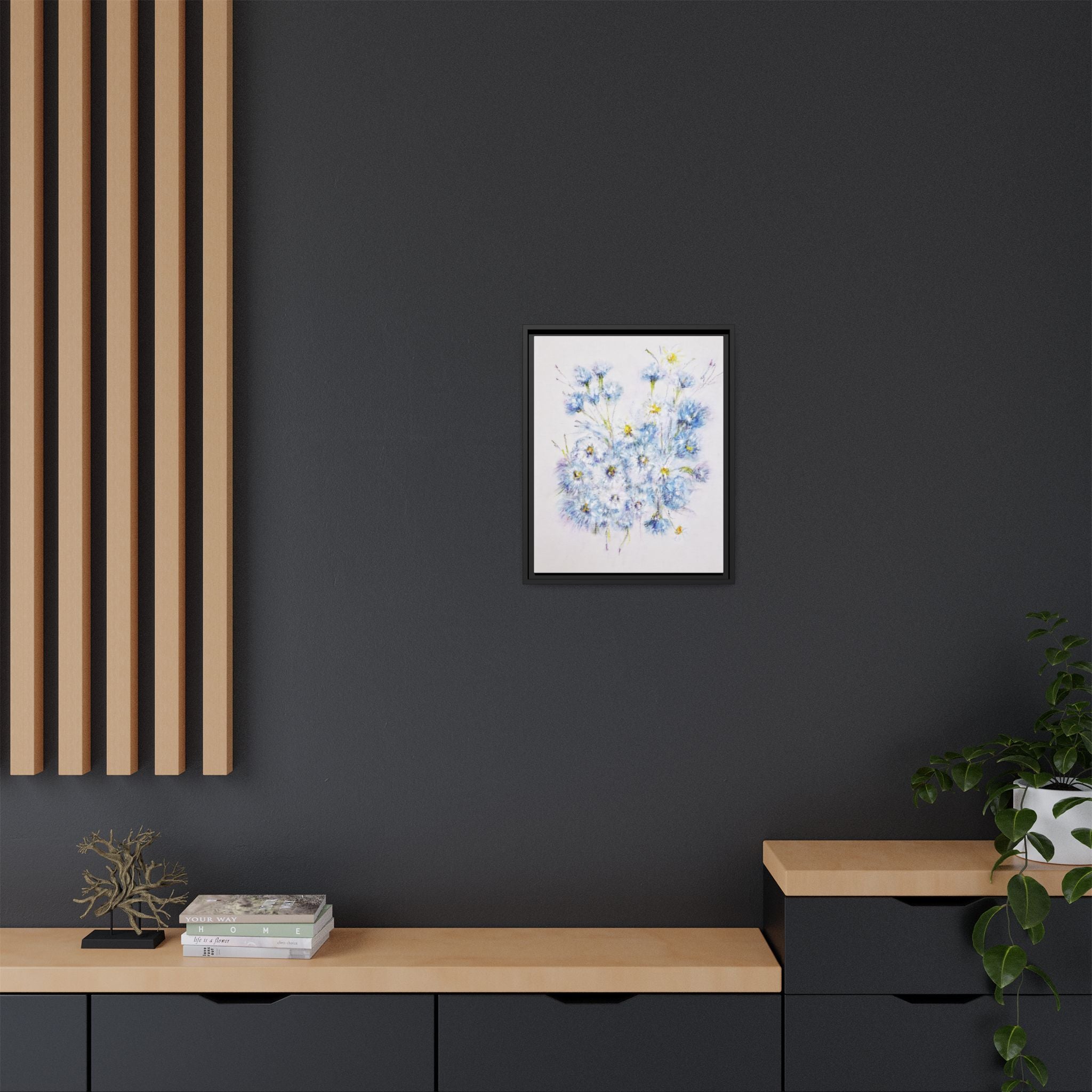 Blue Wildflower Watercolor Canvas Print — Framed Matte Wall Art