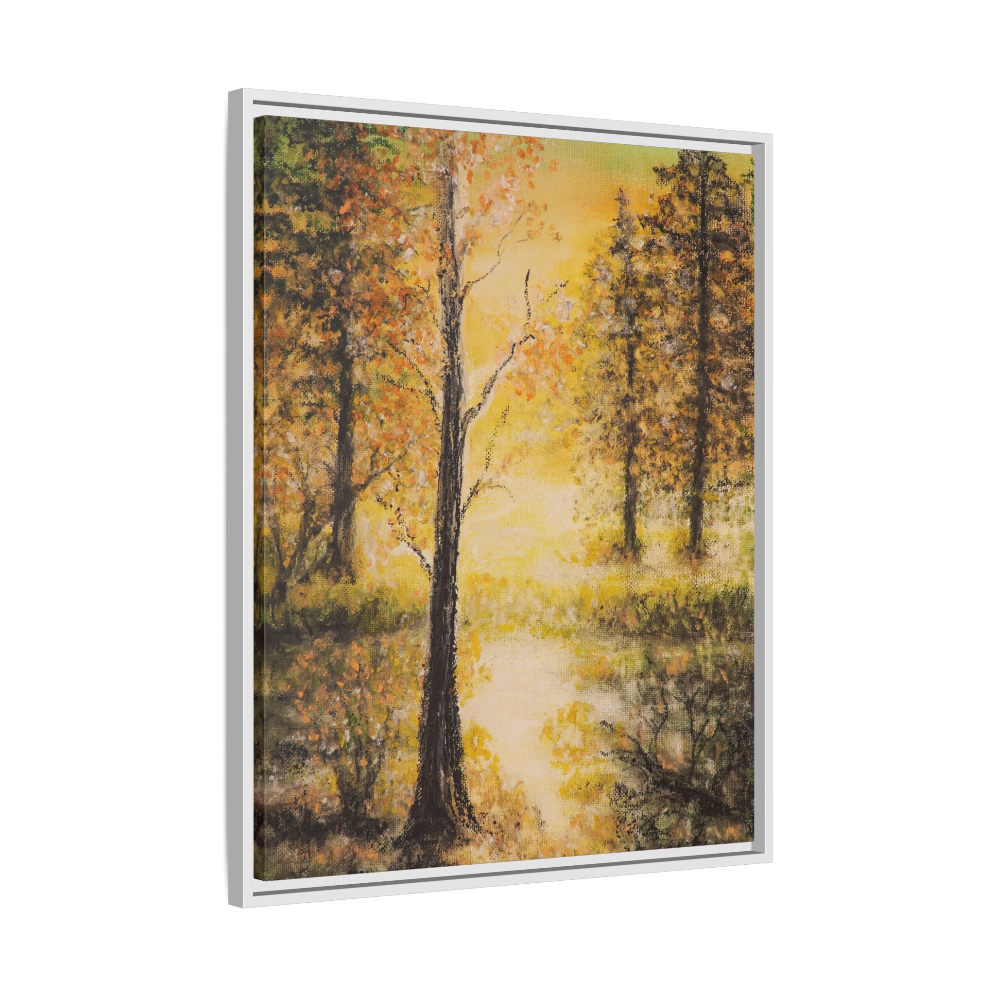 Framed Autumn Forest Canvas Print — Golden Lakeside Wall Art