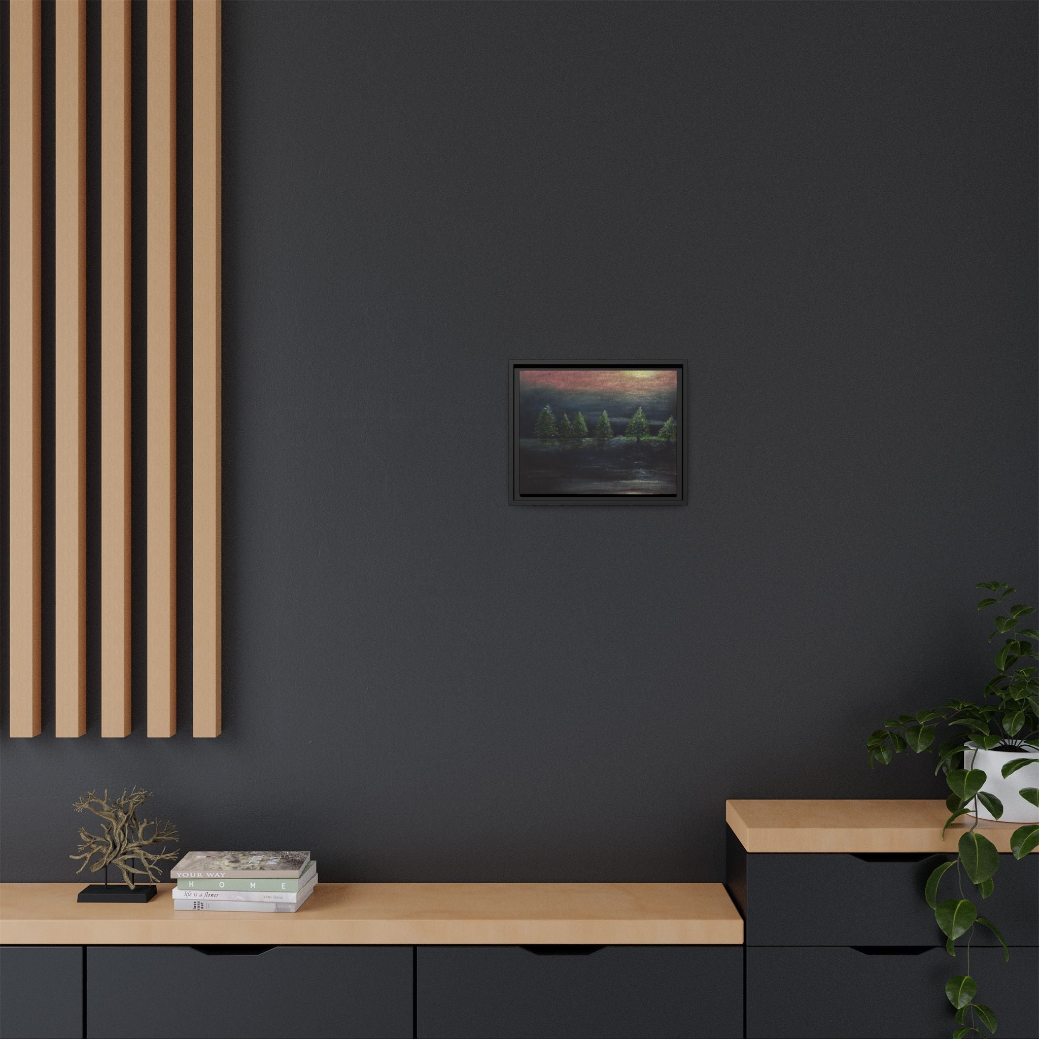 Framed Matte Canvas Wall Art — Moonlit Pine Trees Landscape