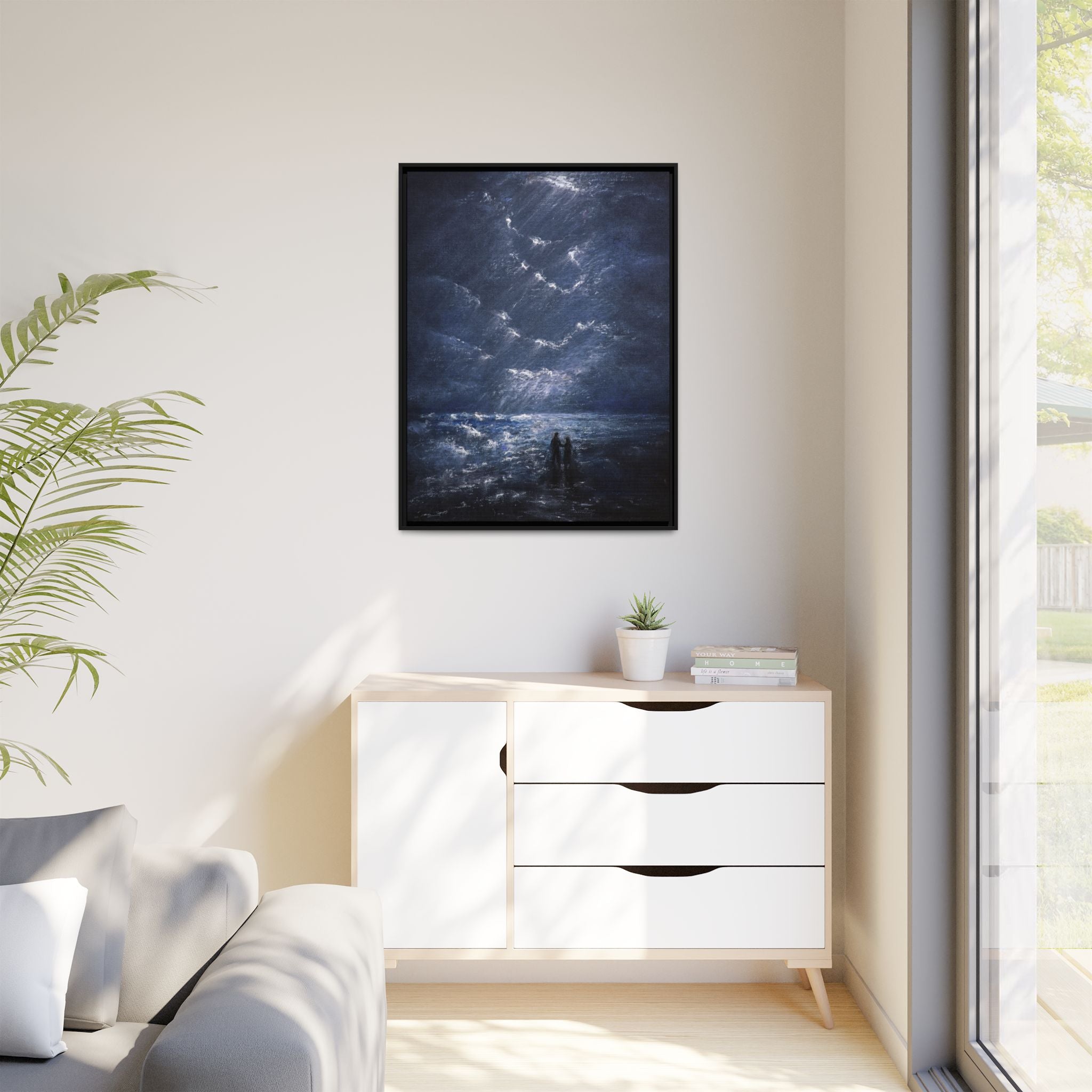 Couple on Shore at Night - Framed Canvas Art