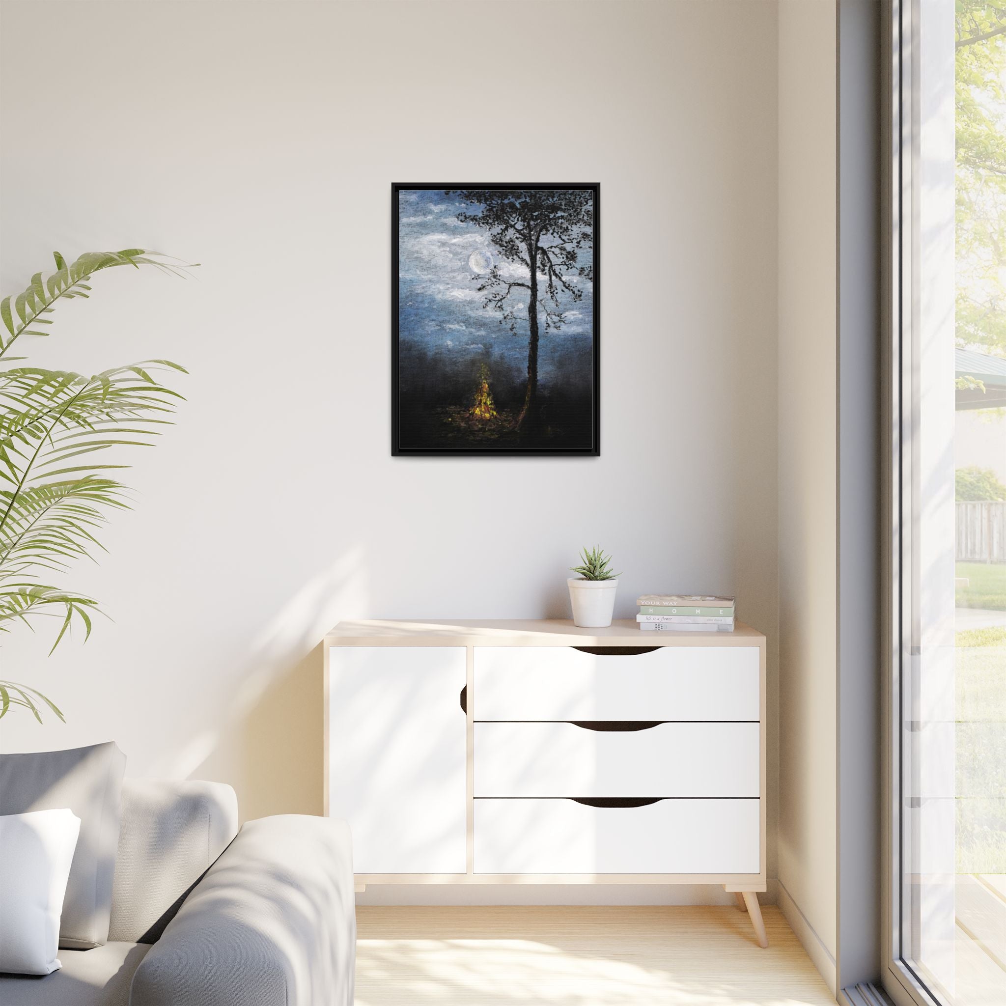 Framed Matte Canvas Print — Moonlit Campfire Landscape