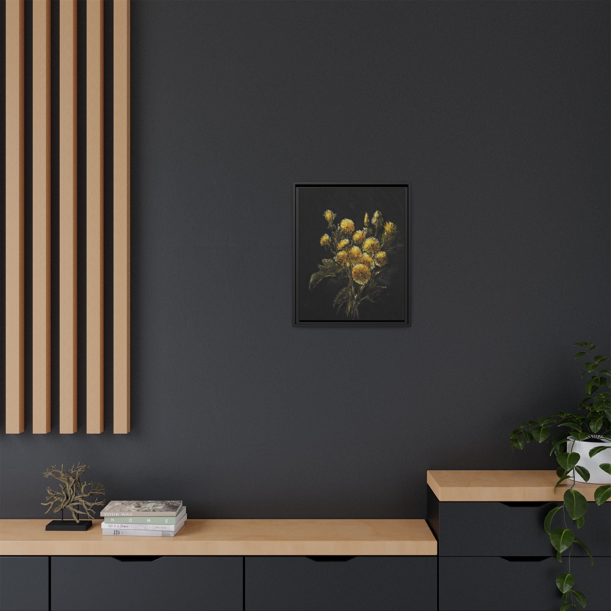 Framed Matte Canvas Print — Yellow Wildflower Bouquet on Black (Botanical Wall Art)