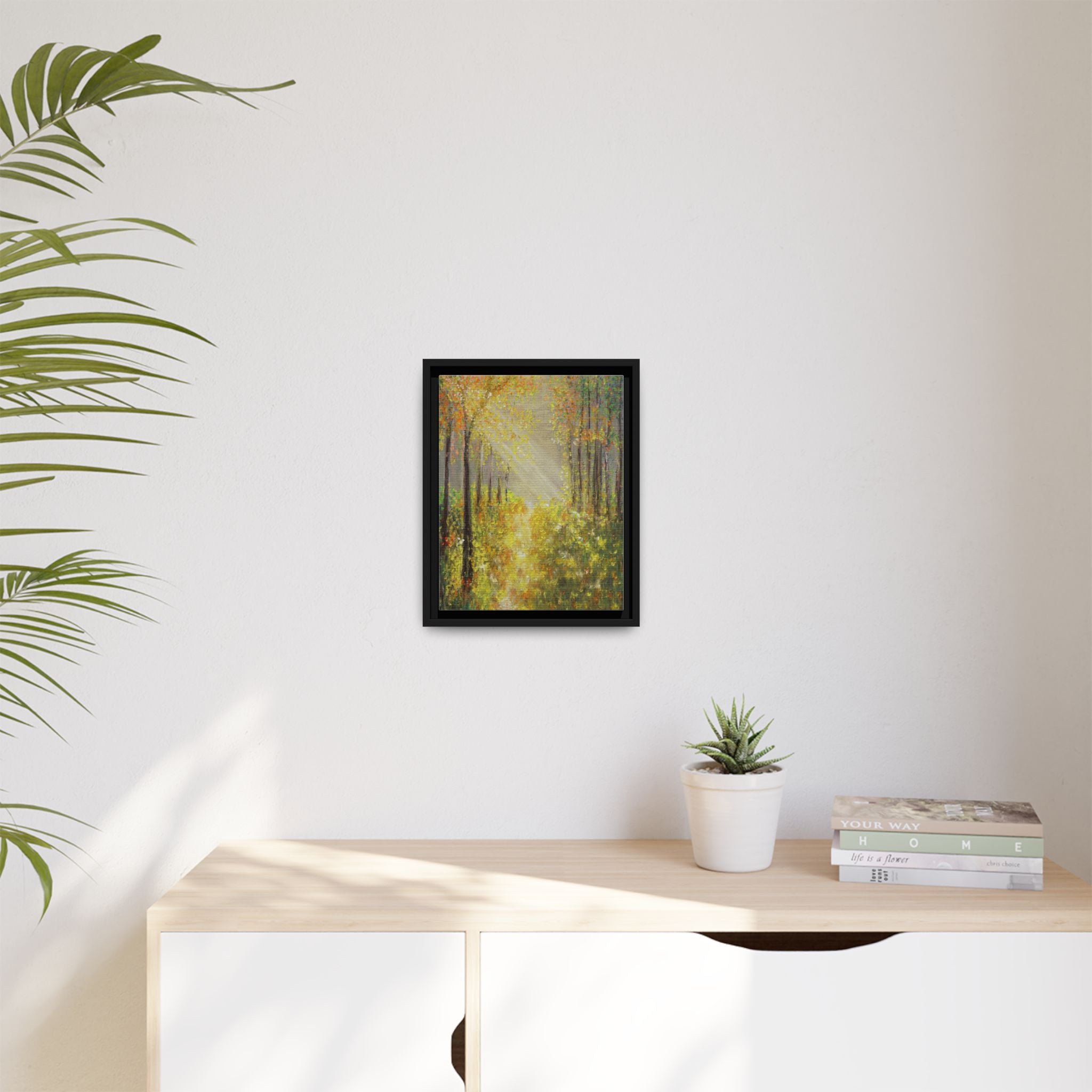 Sunlit Forest Path Framed Canvas Art — Autumn Woodland Wall Decor