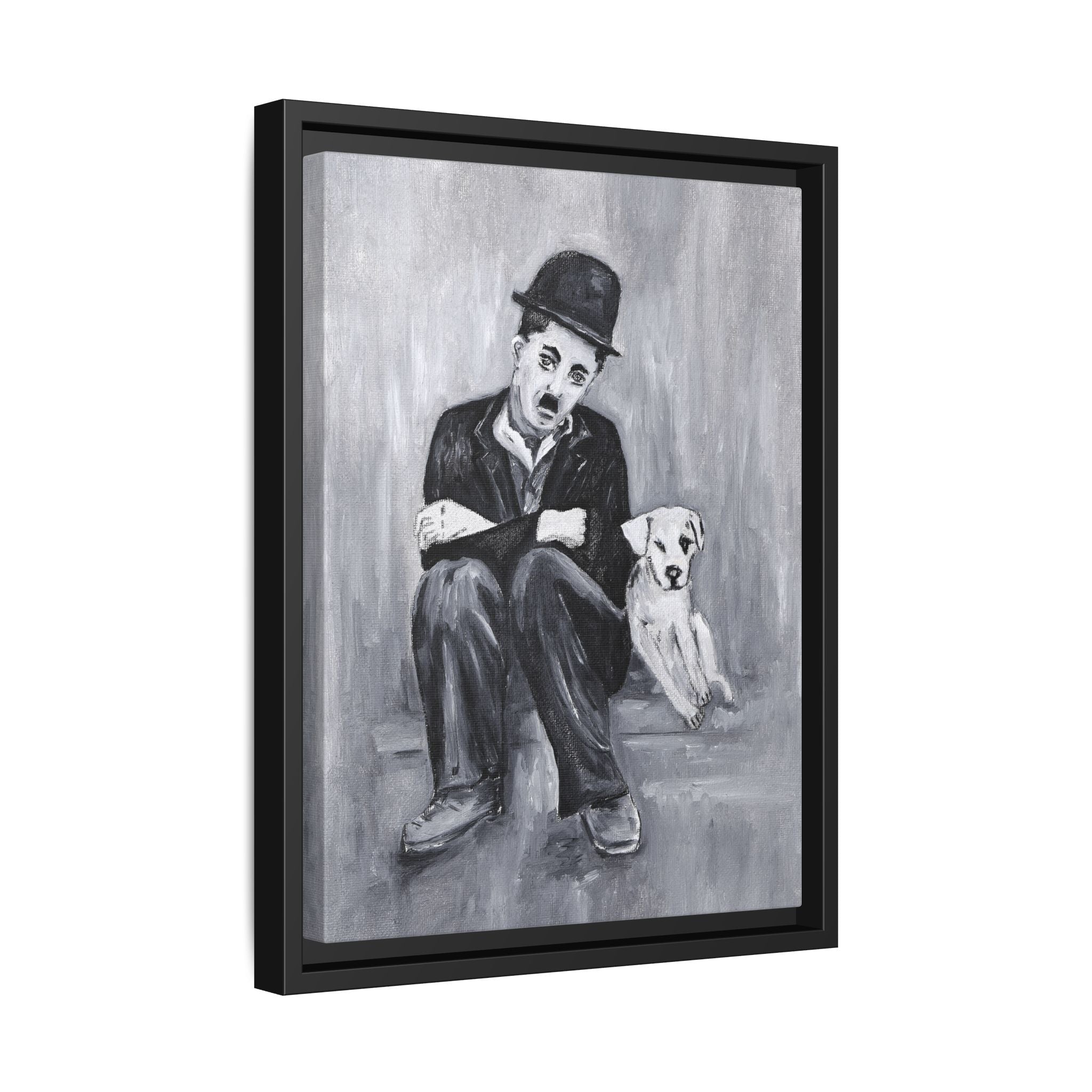Charlie Chaplin & Dog Matte Framed Canvas Print — Vintage Black & White Wall Art
