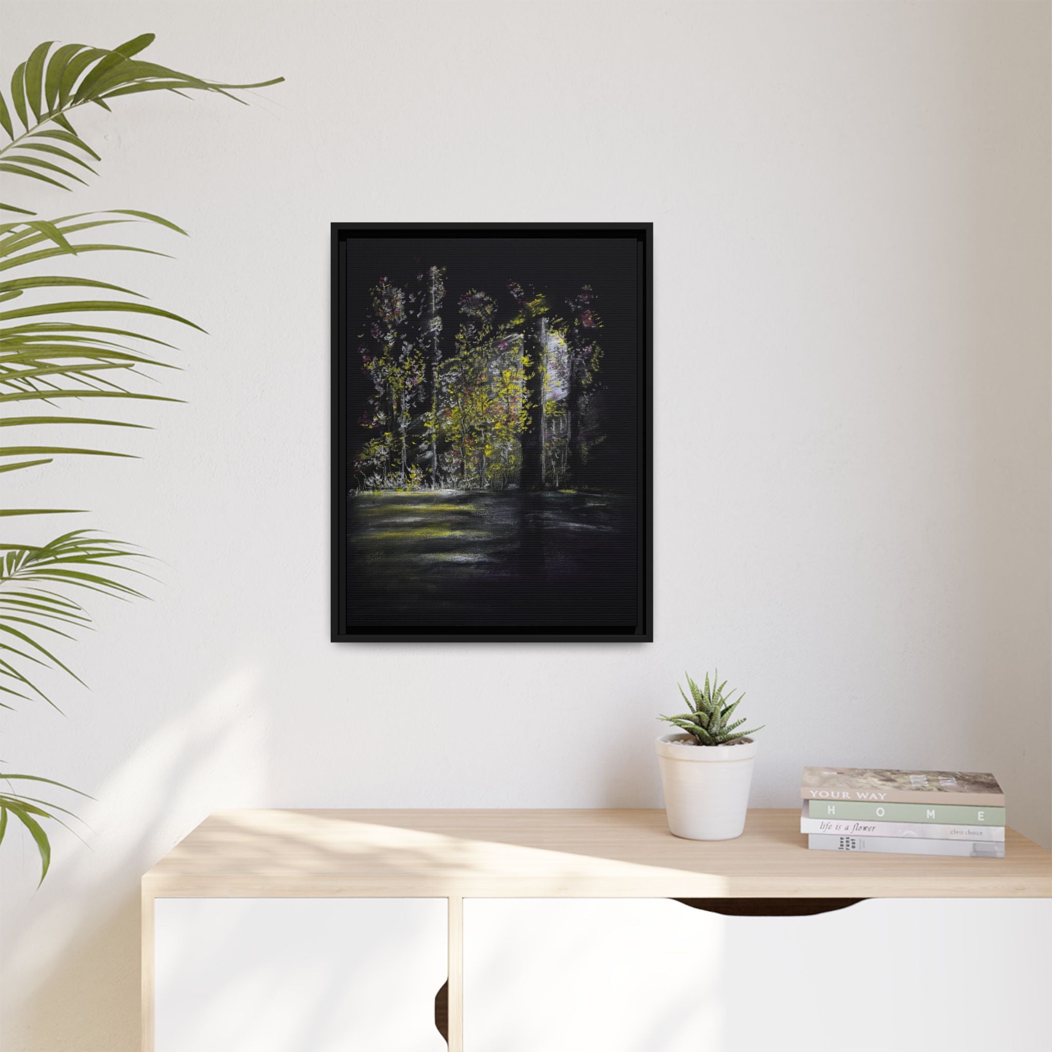Framed Matte Canvas Forest Nightscape – Moody Woodland Wall Art
