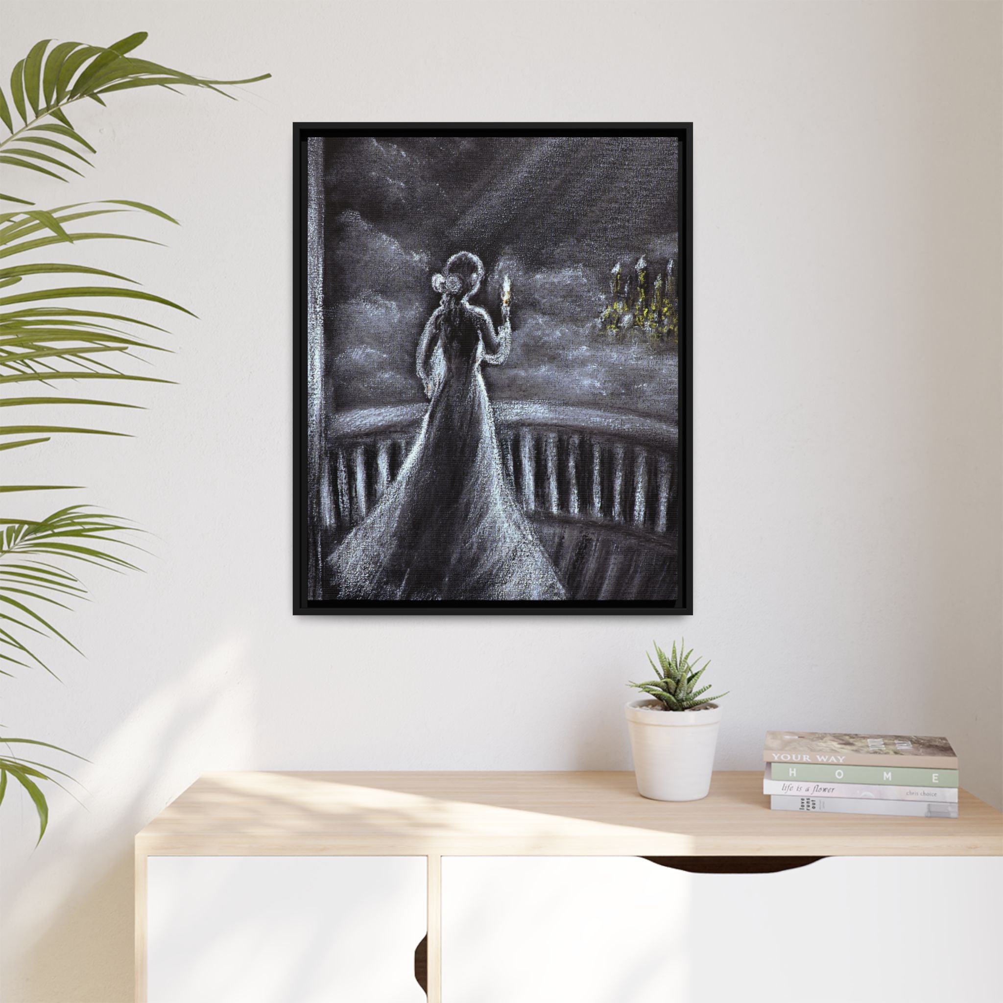 Framed Matte Canvas — Moonlit Lady on Balcony