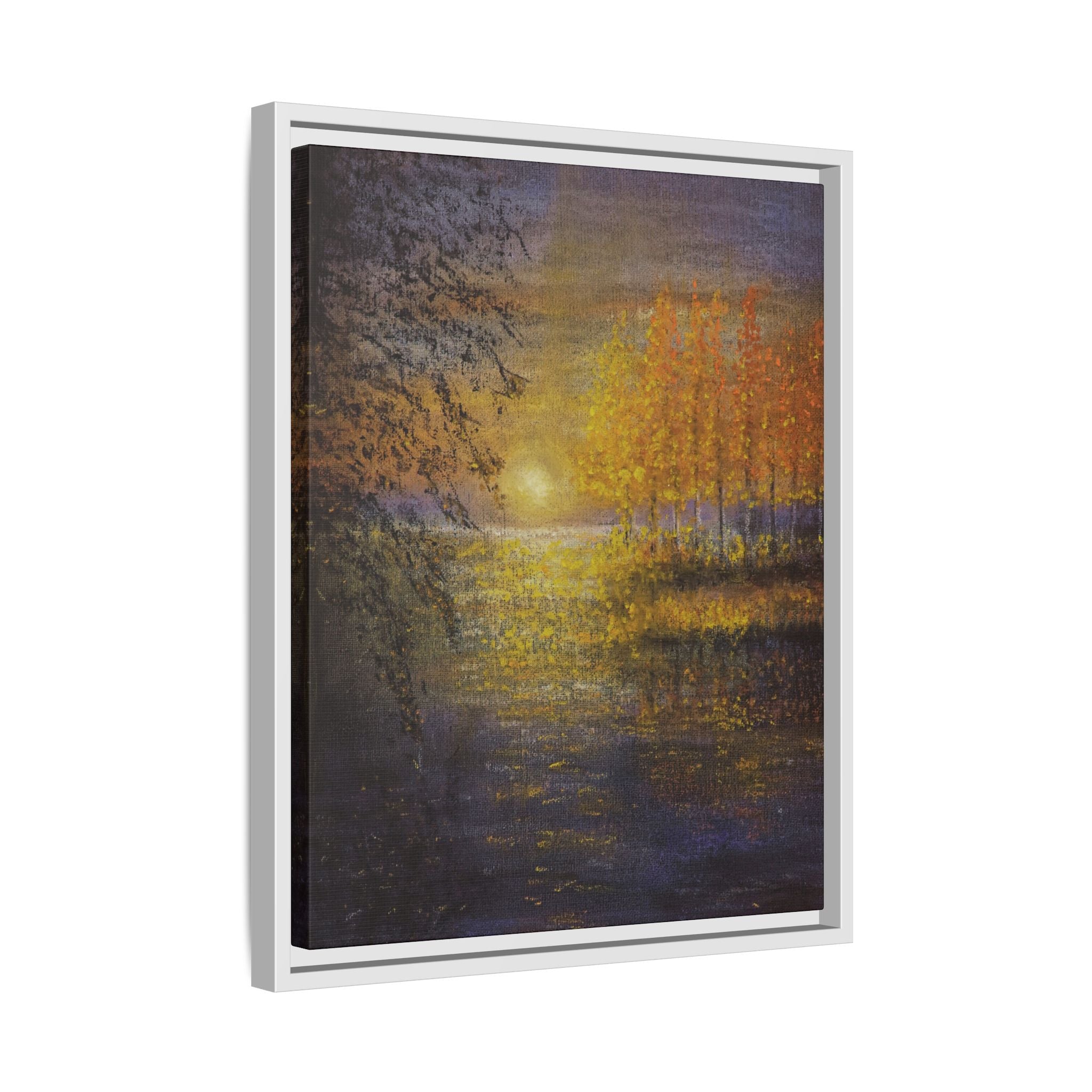 Framed Matte Canvas Painting - Golden Trees Over Tranquil Lake