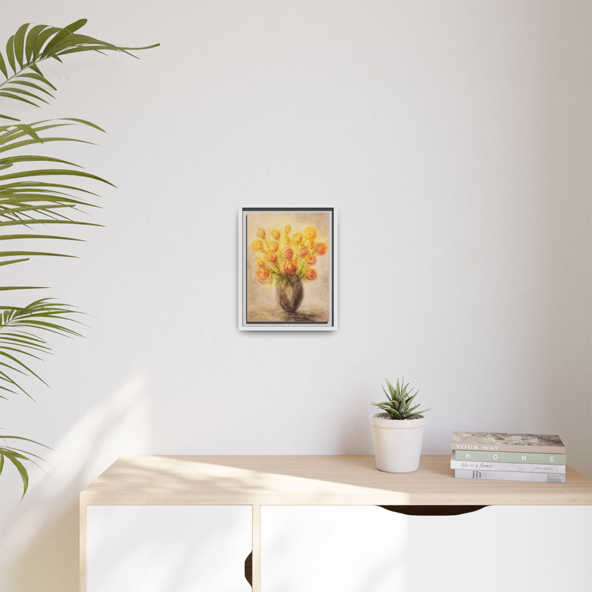 Framed Matte Canvas Floral Bouquet Wall Art — Yellow Rose Vase Print