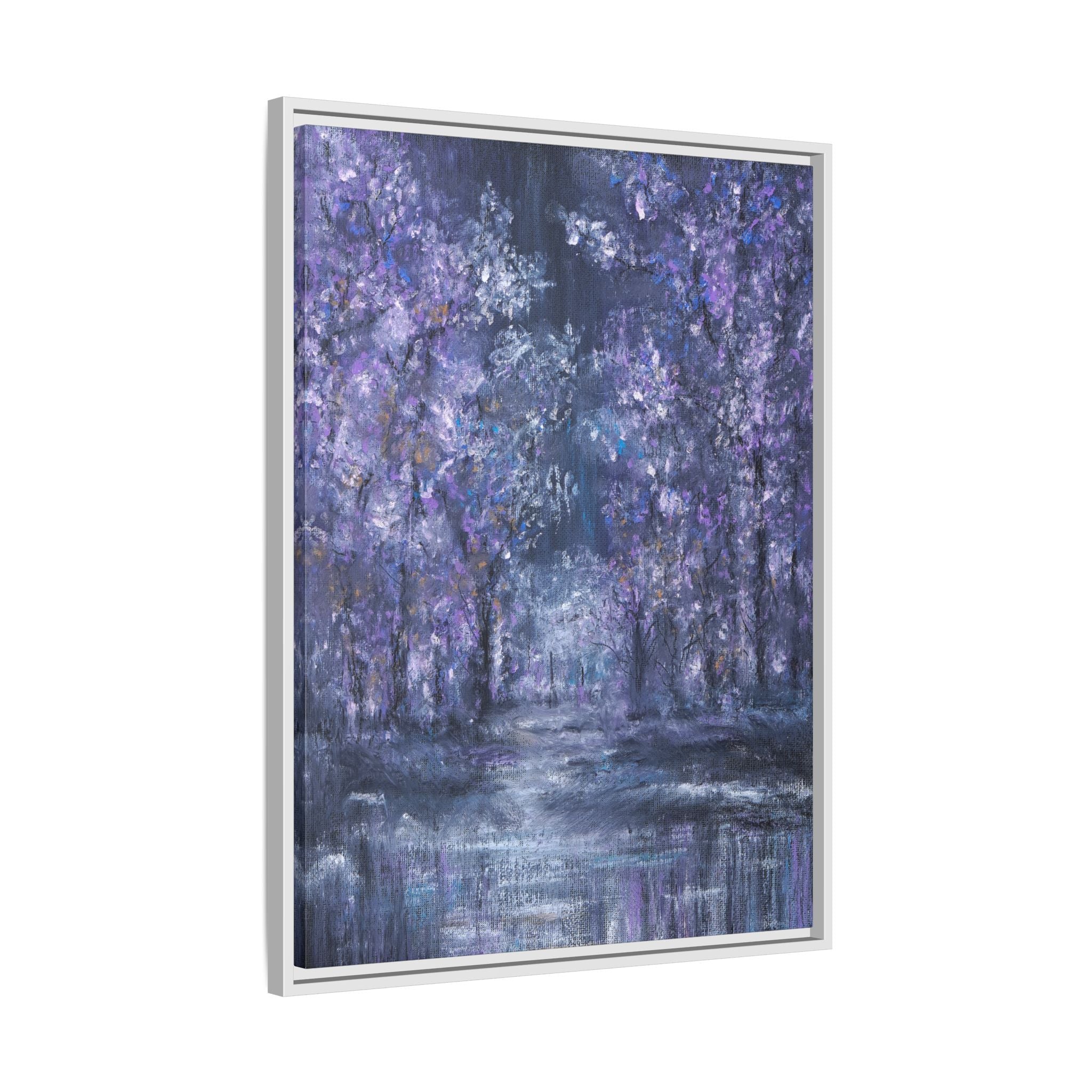 Framed Matte Canvas Art – Lavender Forest Moonlit Landscape