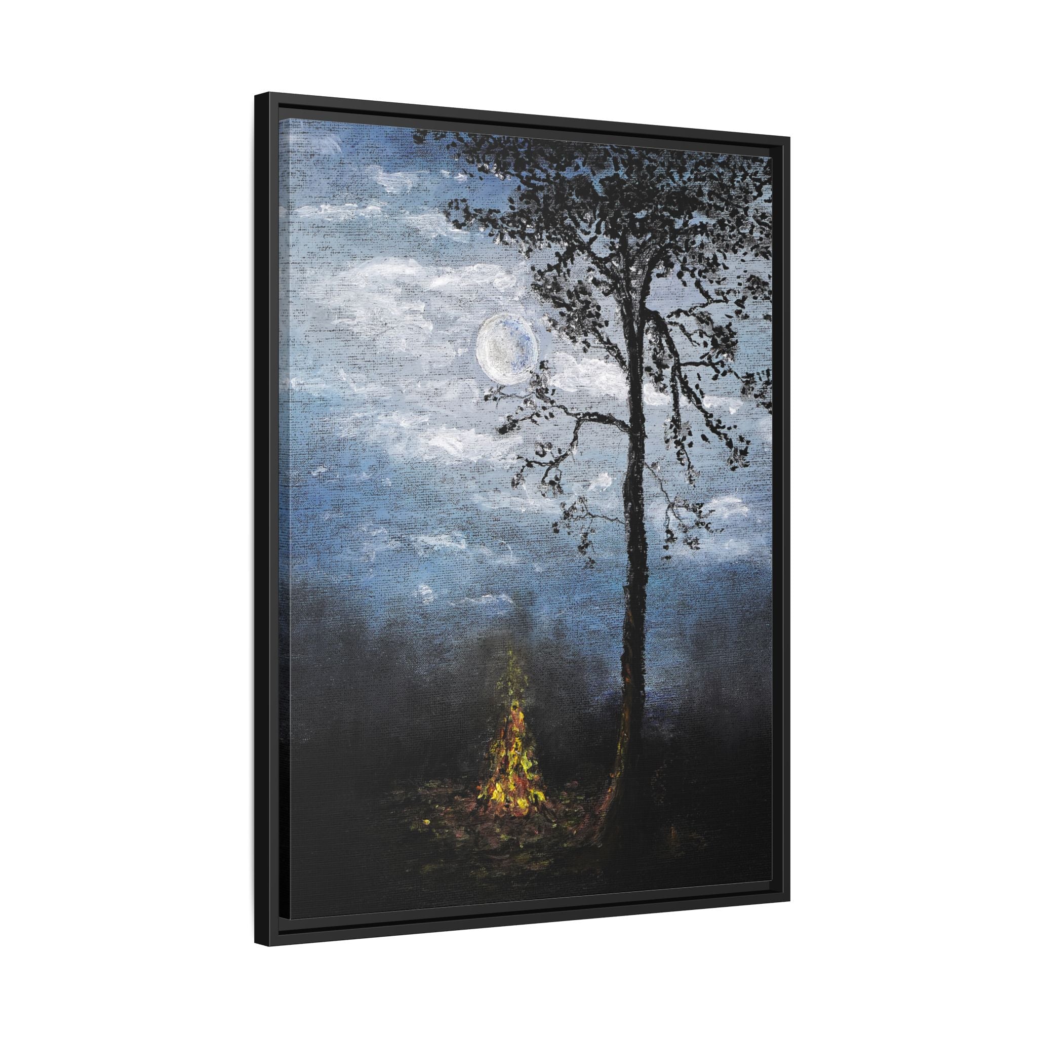 Framed Matte Canvas Print — Moonlit Campfire Landscape