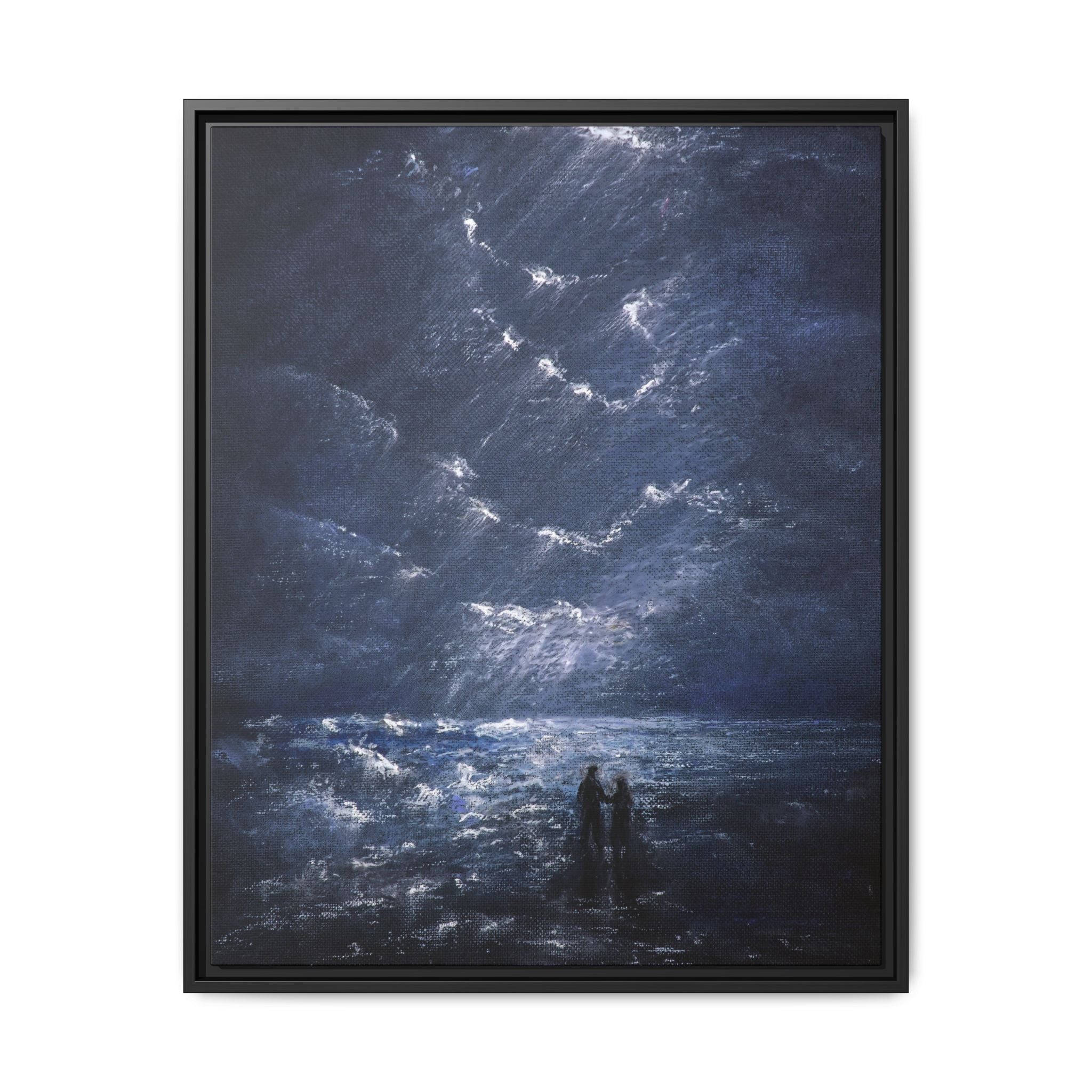 Couple on Shore at Night - Framed Canvas Art
