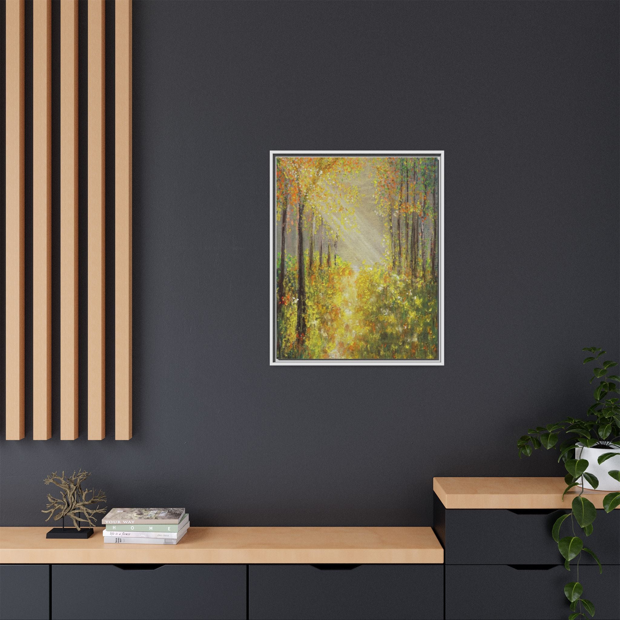 Sunlit Forest Path Framed Canvas Art — Autumn Woodland Wall Decor