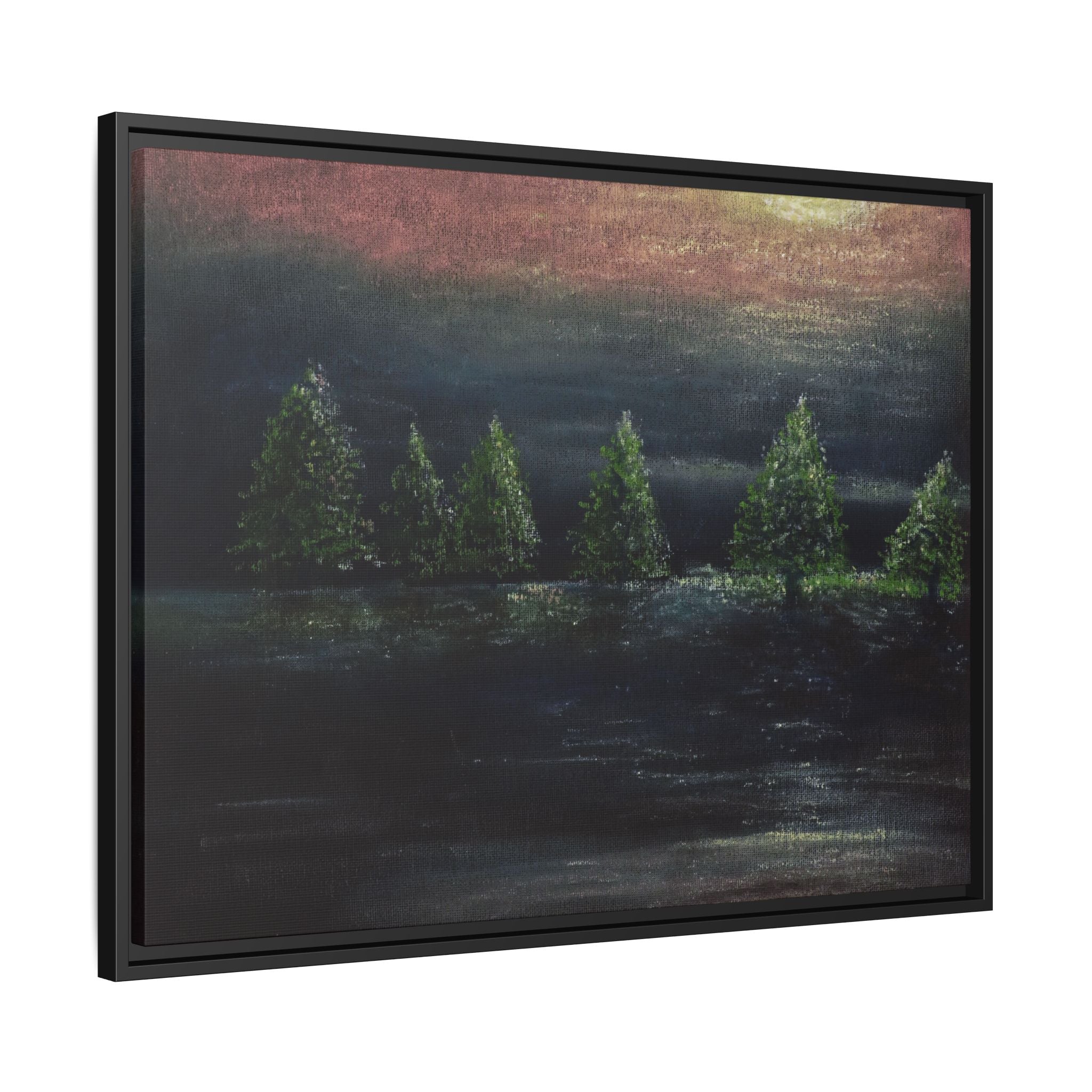Framed Matte Canvas Wall Art — Moonlit Pine Trees Landscape