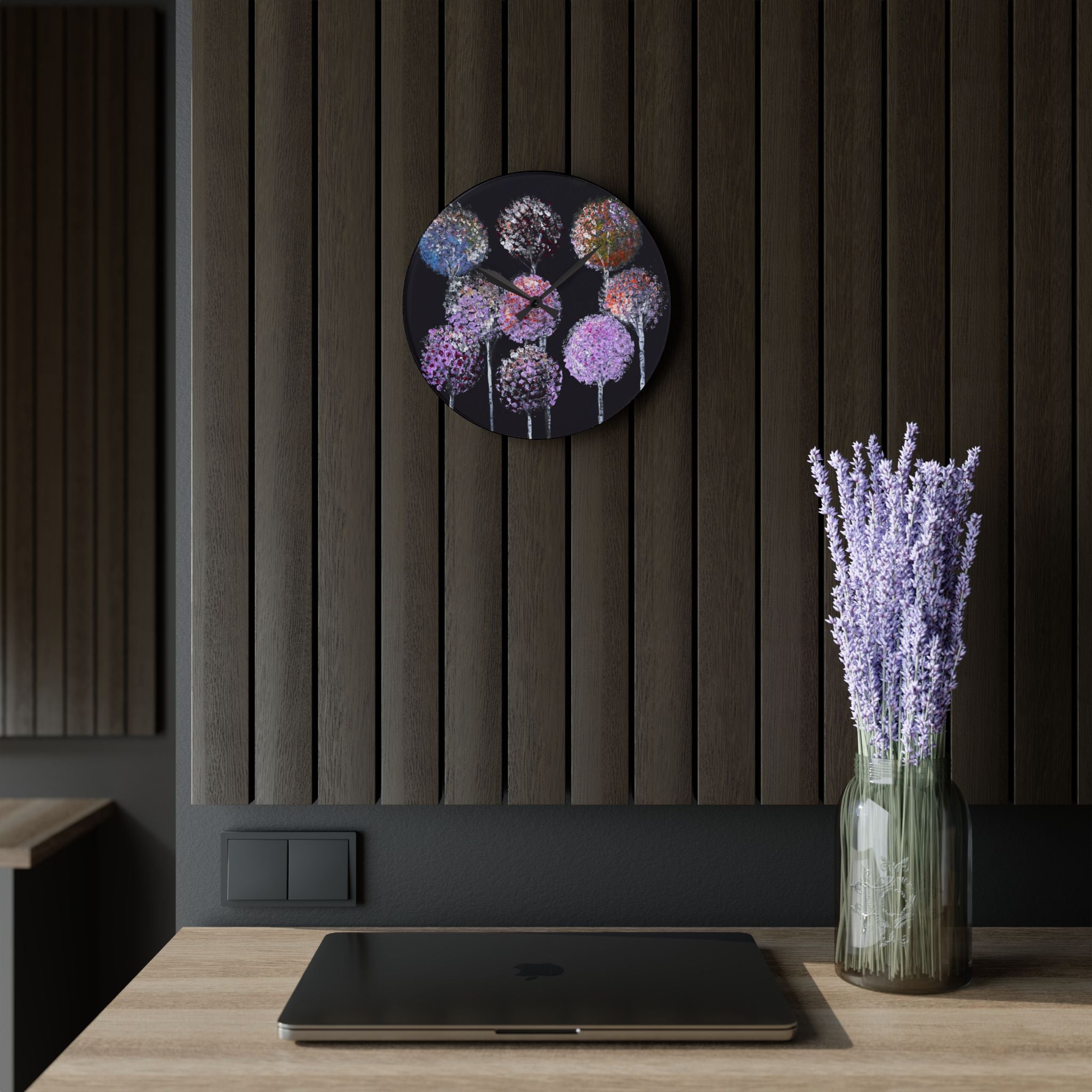 Acrylic Wall Clock — Pastel Allium Floral Design on Black