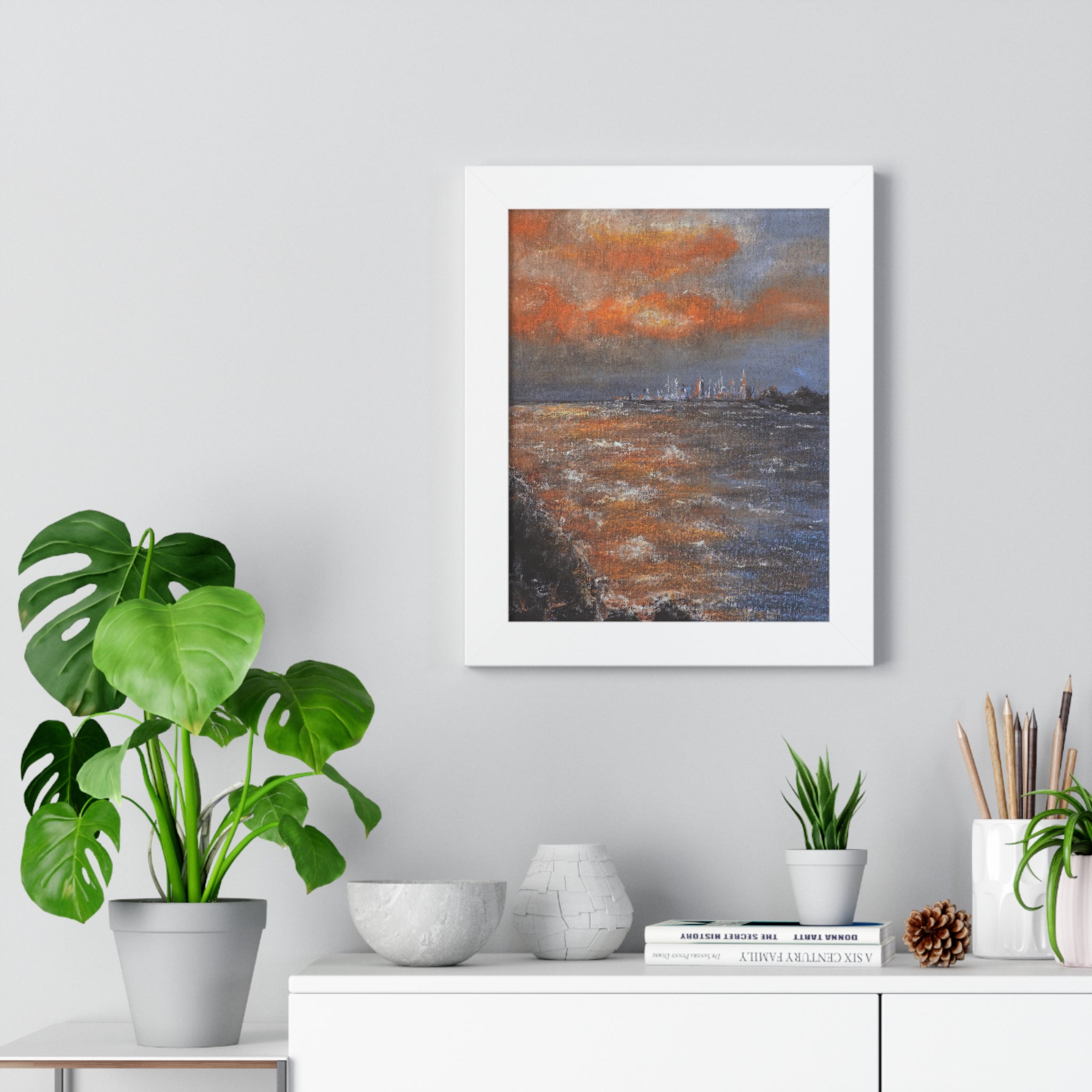 Framed Seascape Poster — Orange Sunset Coastal Art Print