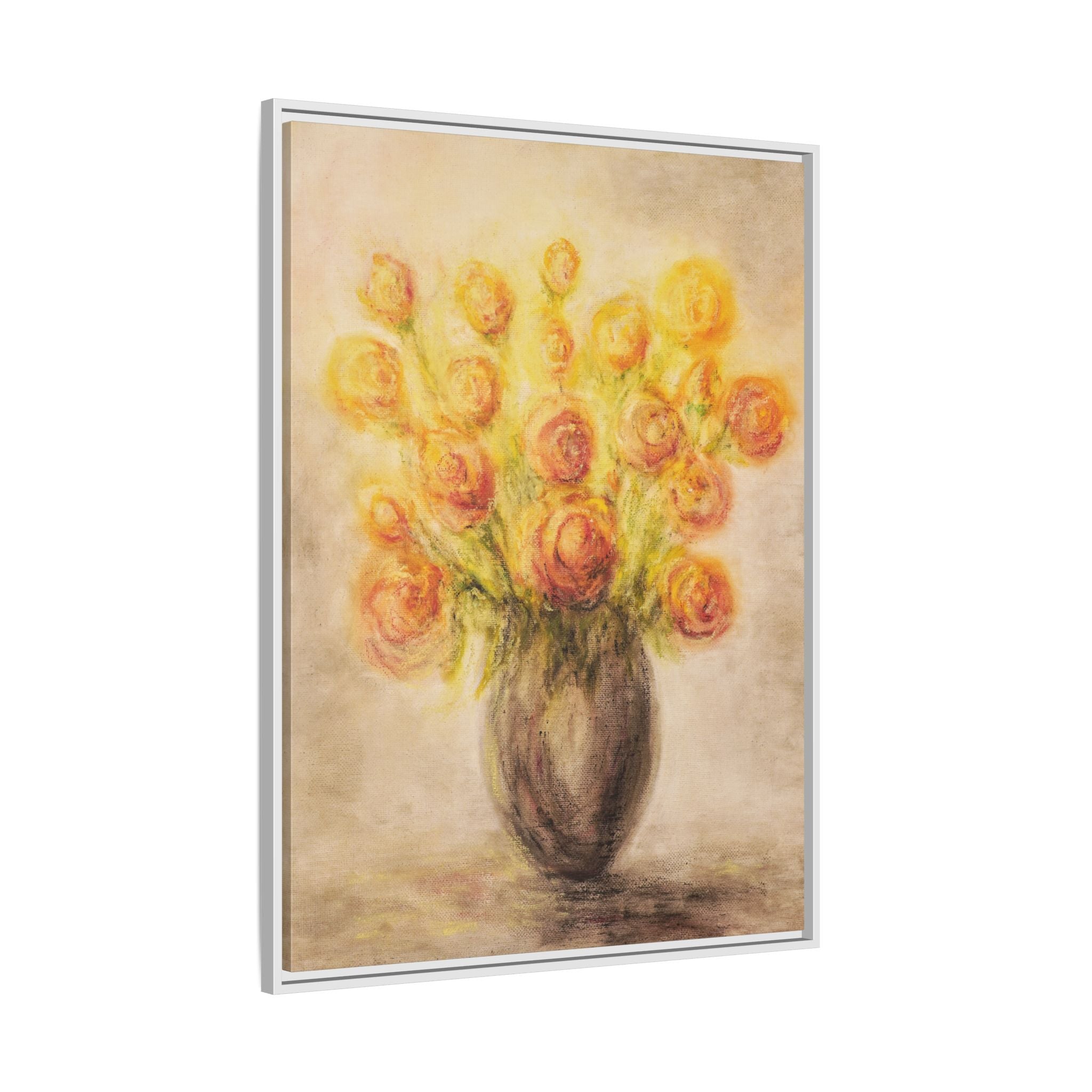 Framed Matte Canvas Floral Bouquet Wall Art — Yellow Rose Vase Print