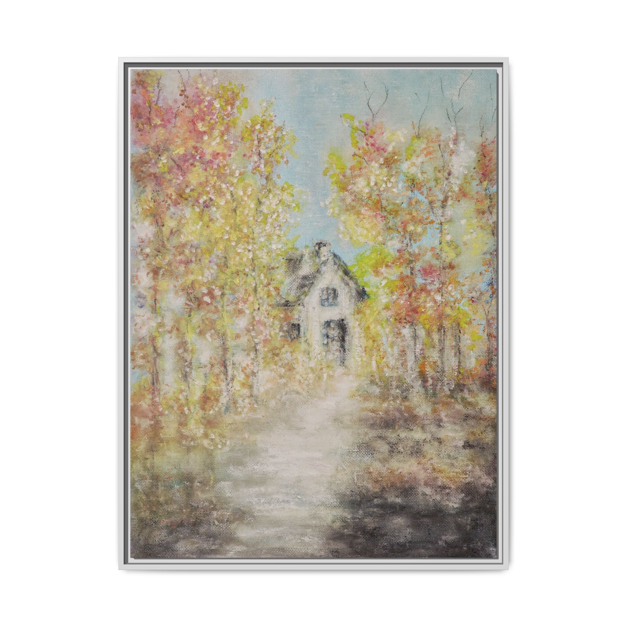 Framed Autumn Cottage Canvas Print — Rustic Fall Landscape Wall Art