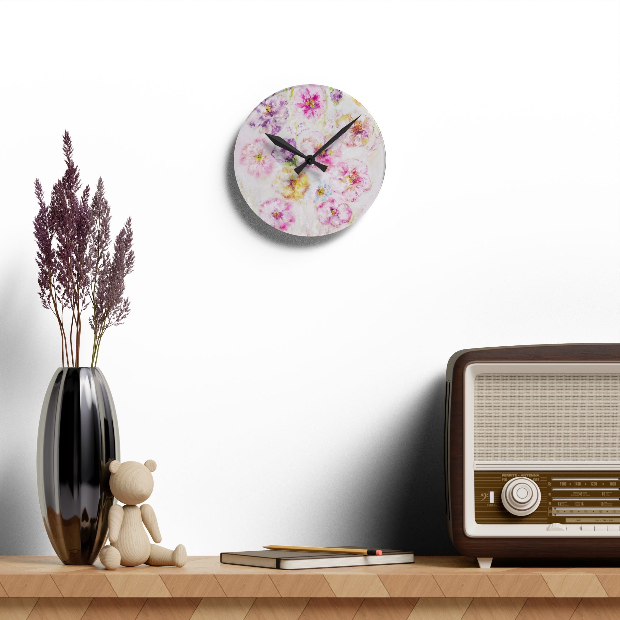 Floral Watercolor Acrylic Wall Clock – Pastel Flower Home Decor