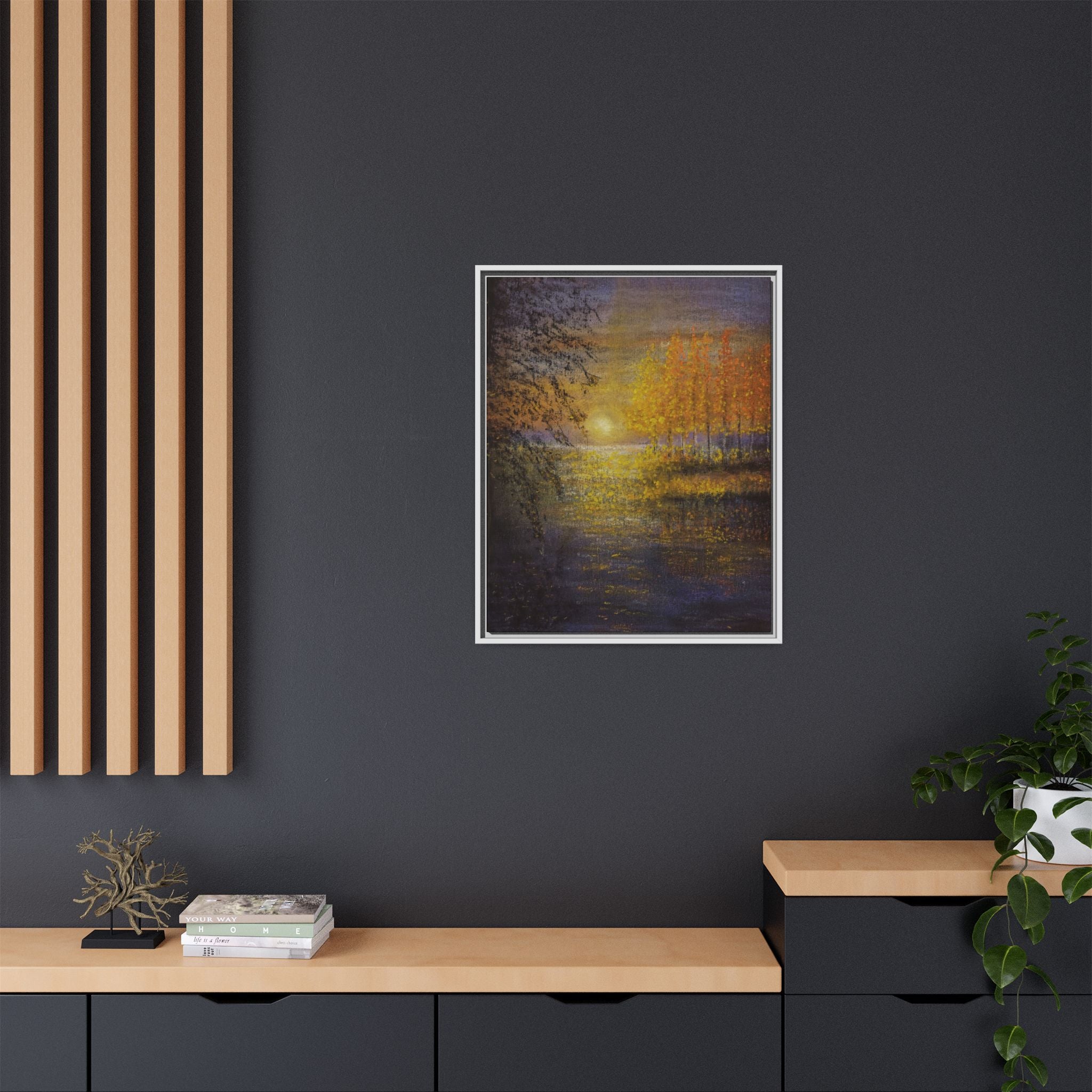 Framed Matte Canvas Painting - Golden Trees Over Tranquil Lake