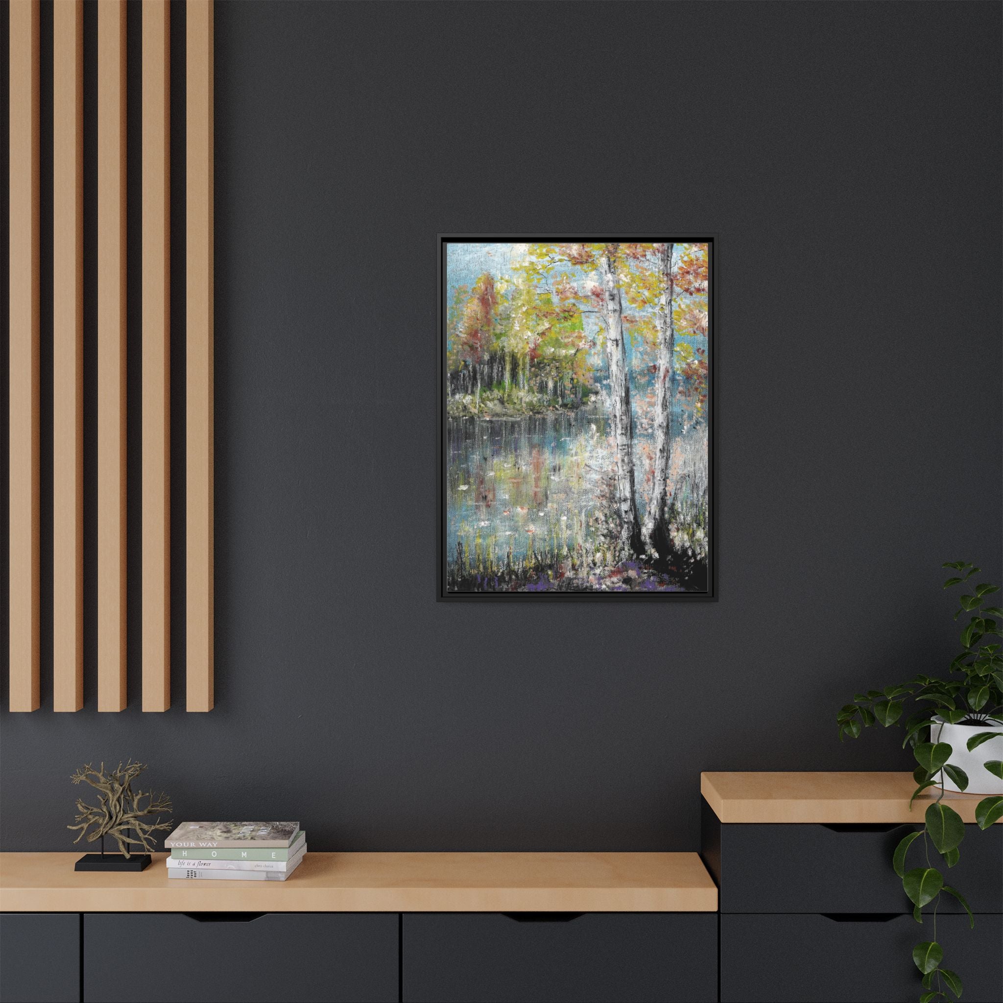 Framed Matte Canvas-Trees by the Lake