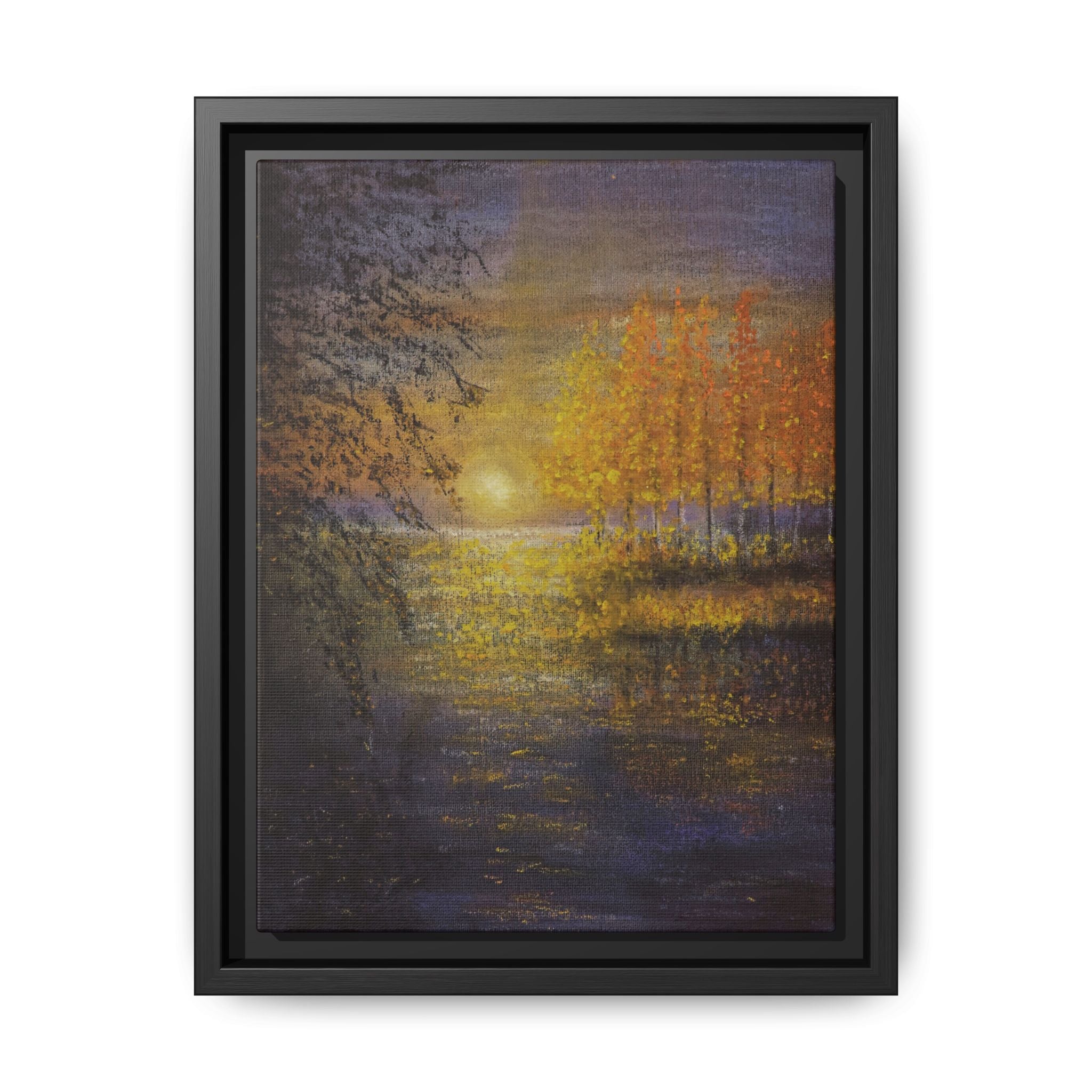 Framed Matte Canvas Painting - Golden Trees Over Tranquil Lake