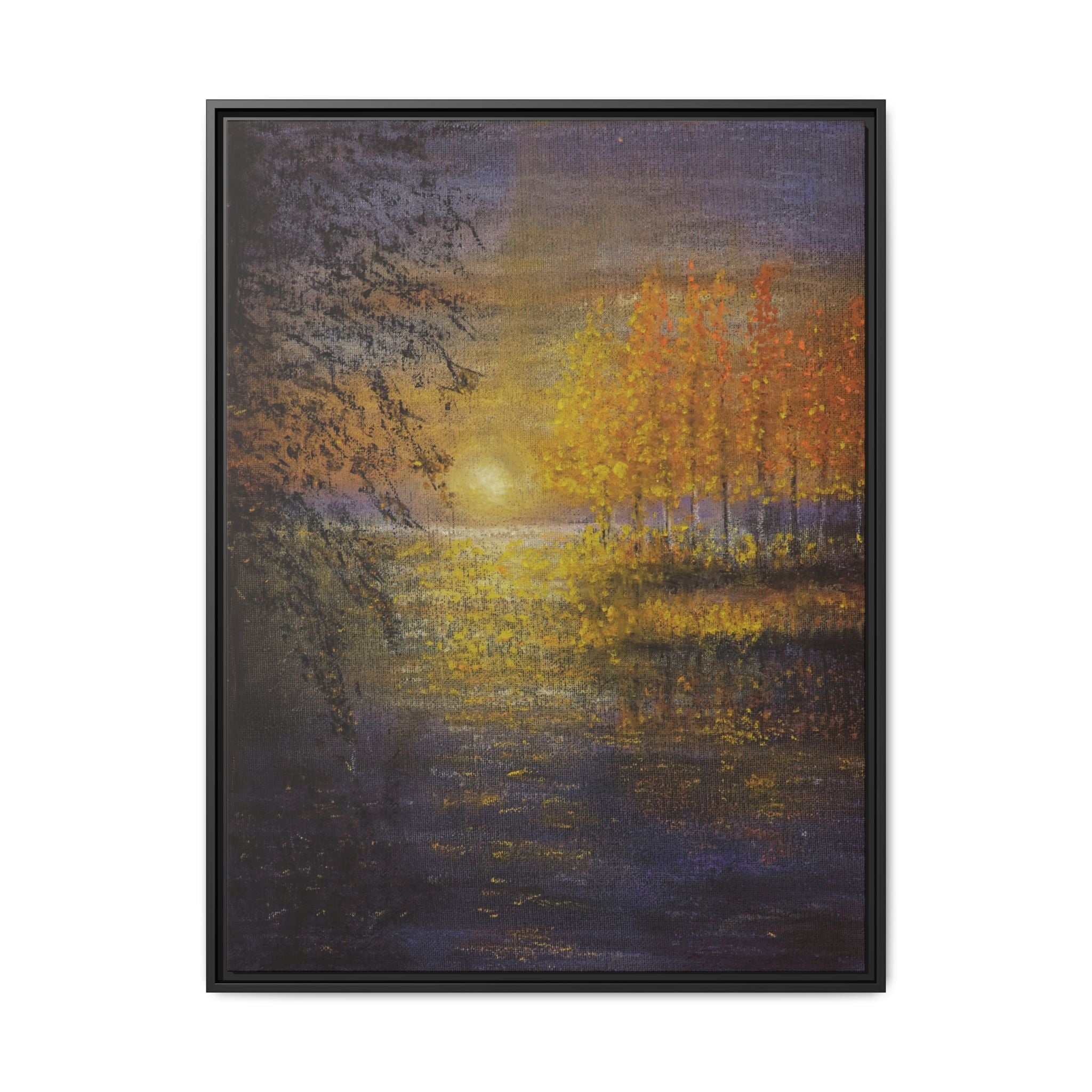 Framed Matte Canvas Painting - Golden Trees Over Tranquil Lake