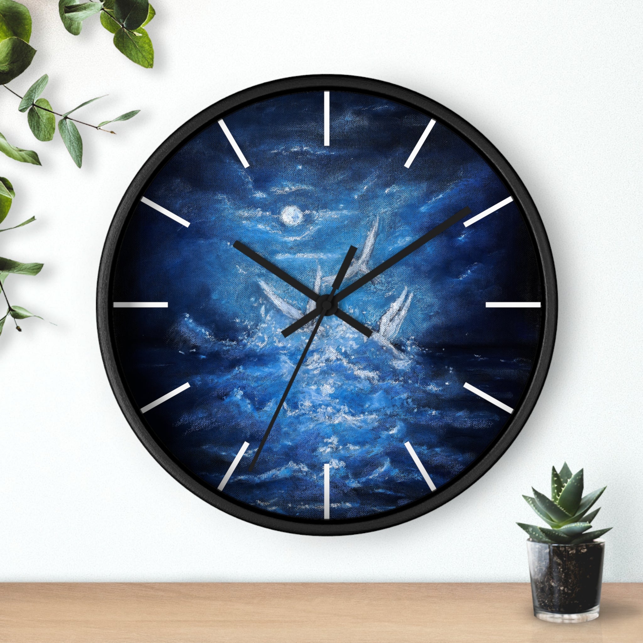 Blue Ocean Birds Wall Clock – Moonlit Sea White Birds Art