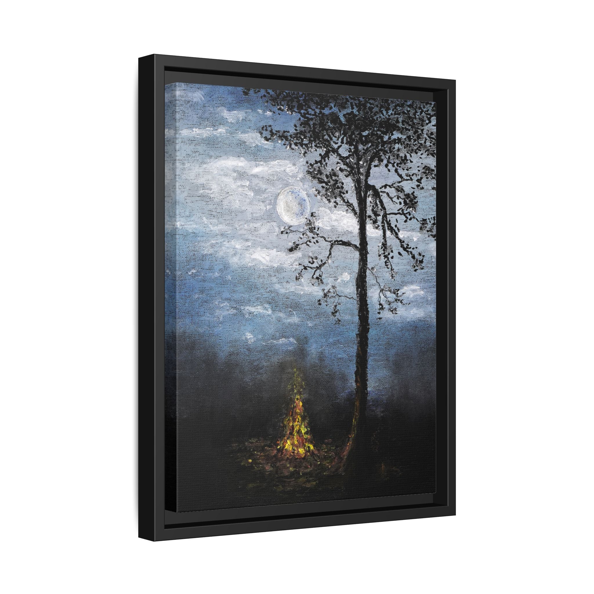 Framed Matte Canvas Print — Moonlit Campfire Landscape