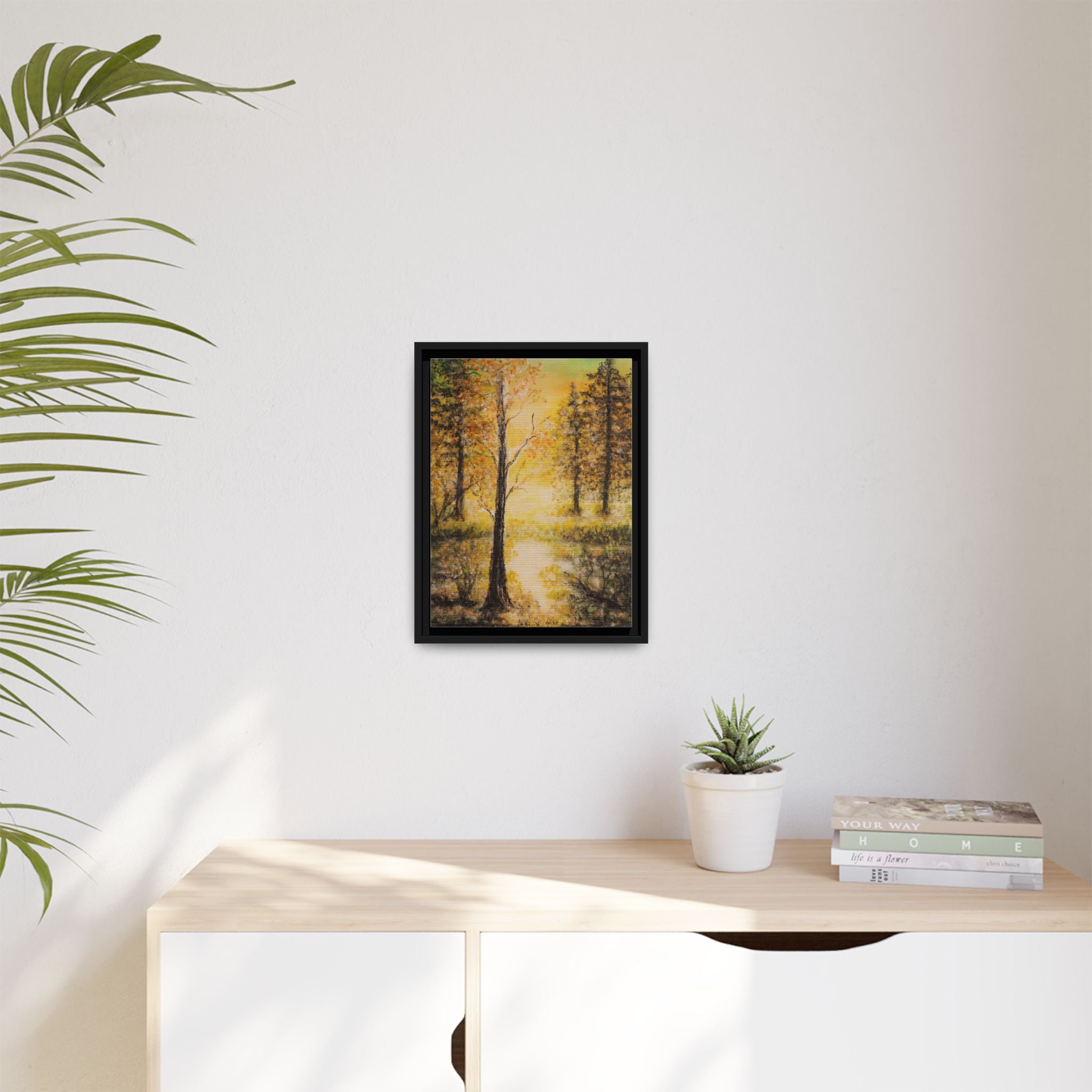 Framed Autumn Forest Canvas Print — Golden Lakeside Wall Art